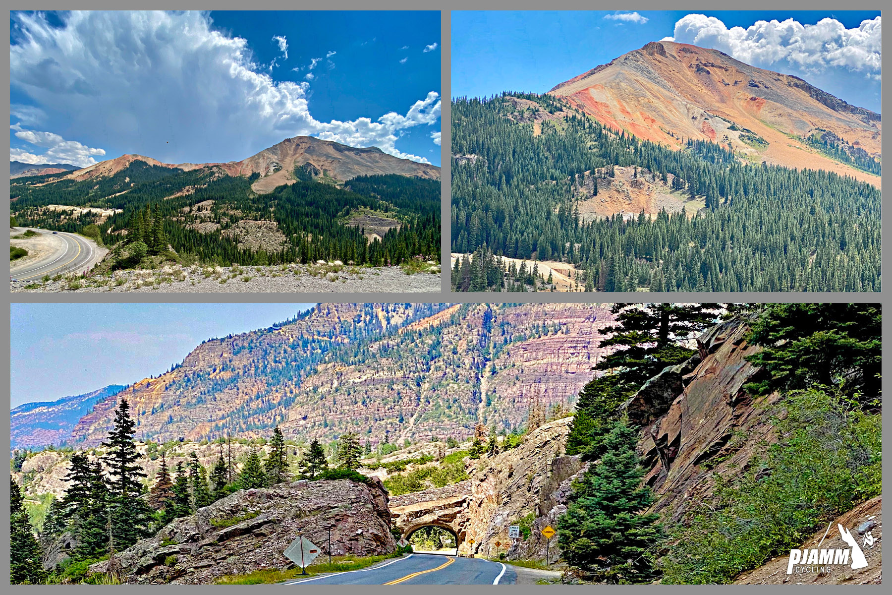 Cycling Red Mountain, Ouray, Colorado - PJAMM Cycling logo in corner, mountains dotted with evergreen trees in background, two-lane roadway