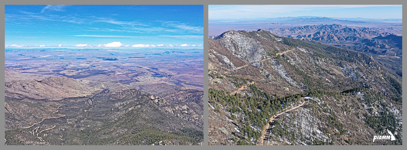 Cycling Mt. Graham, Arizona - aerial views looking down on views toward Safford and toward the climb finish