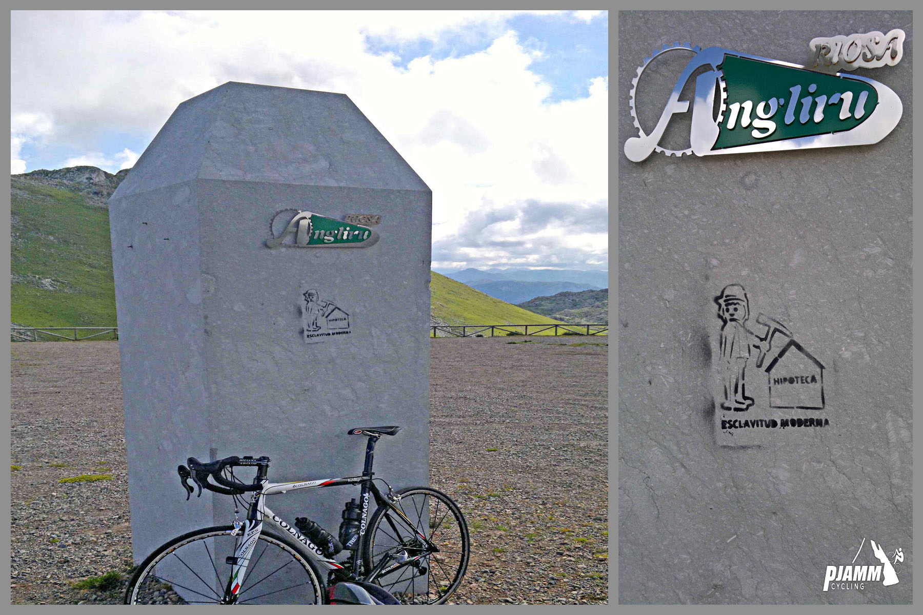 Cycling Alto de l'Angliru, Spain - bike parked against large white rectangular summit monument