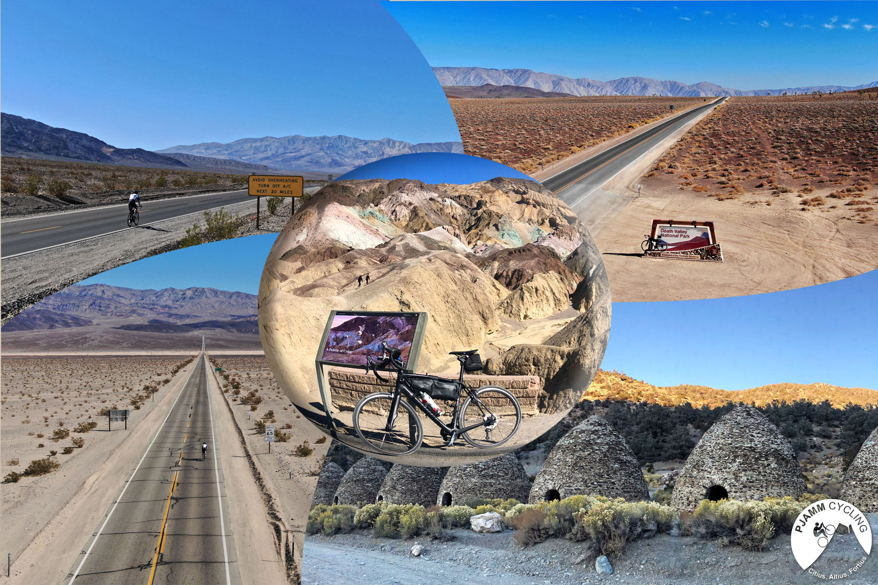 Cycling Death Valley National Park, California - photo collage, PJAMM Cycling logo in corner, bike parked in front of informational sign looking down on desert landscape, cyclist rides on straight portion of highway road