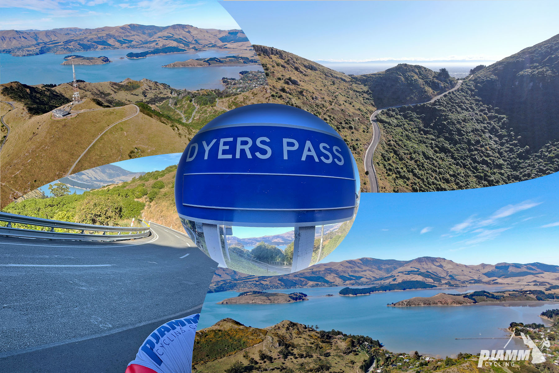 photo collage shows street sign for Dyers pass, aerial drone views showing roadway with Governor's Bay, Banks Peninsula