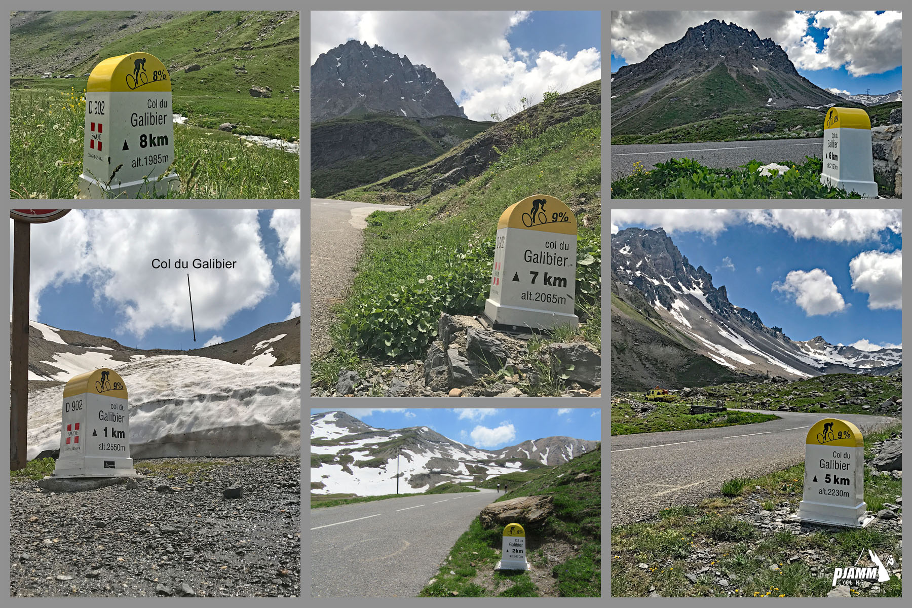 Cycling Col du Galibier from Valloire: photo collage shows various yellow and white KM markers throughout the climb