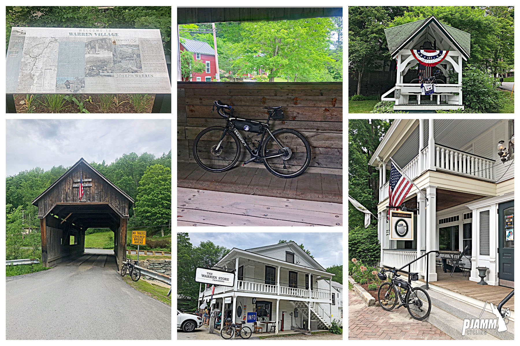 Cycling Lincoln Gap East - photo collage, Warren Village visitor's informational sign, bike propped against wooden wall of covered bridge with red building in background amidst greenery, small white gazebo with patriotic decoration, front of wooden covered bridge with American flag hanging from it, white two story building with The Warren Store sign, bike propped against deck of The Warren Store