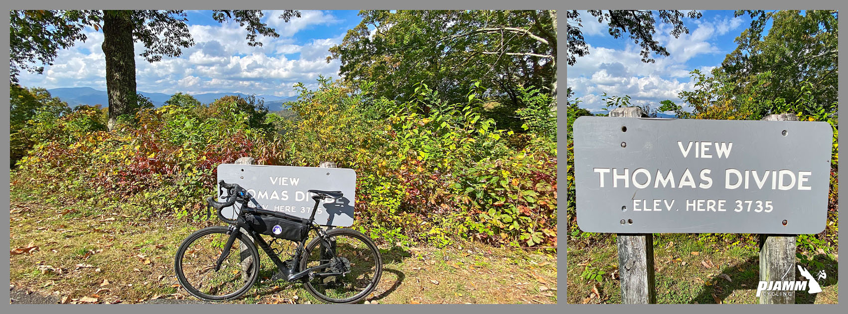 Cycling Blue Ridge Parkway -- Cherokee Hill - bike parked in front of BRP scenic overlook sign reading "View Thomas Divide", dense trees, fall foliage