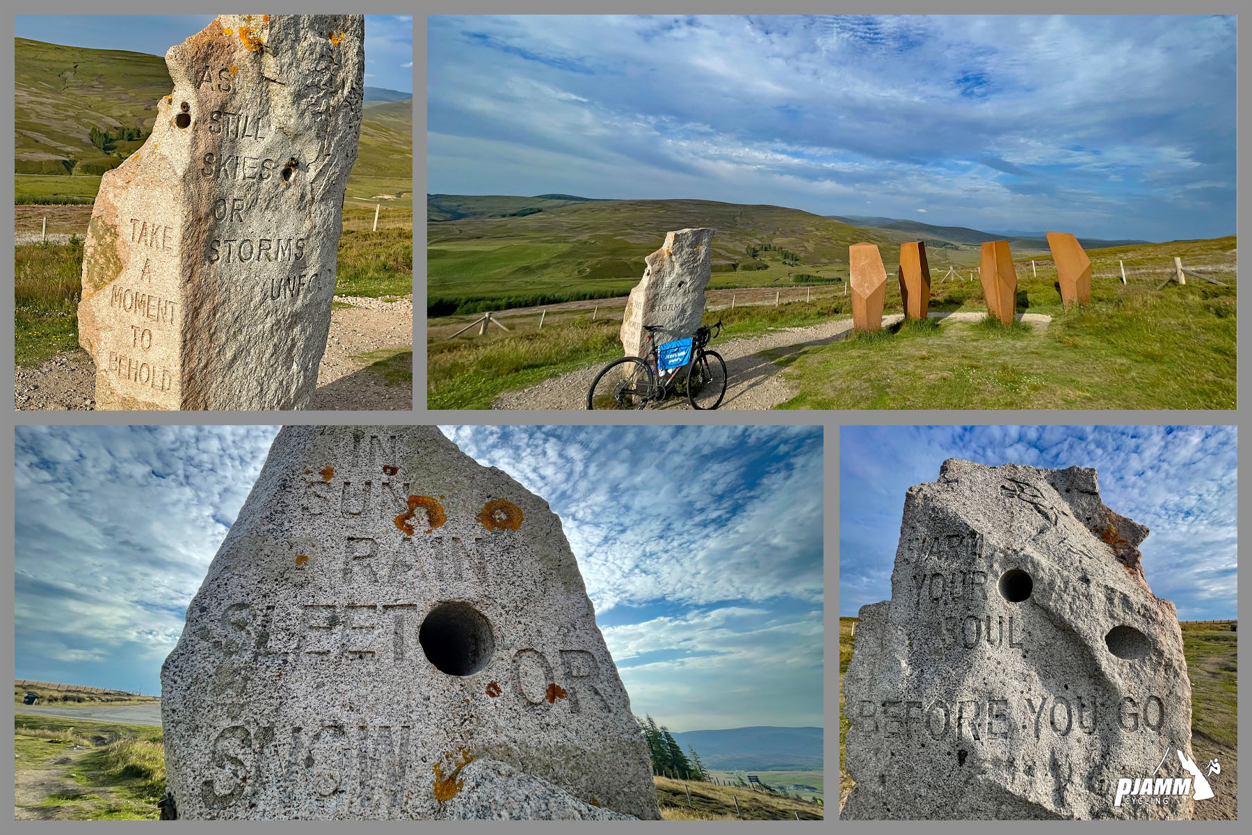 Cycling the Lecht, Scotland photo collage of a poem written on a large stone