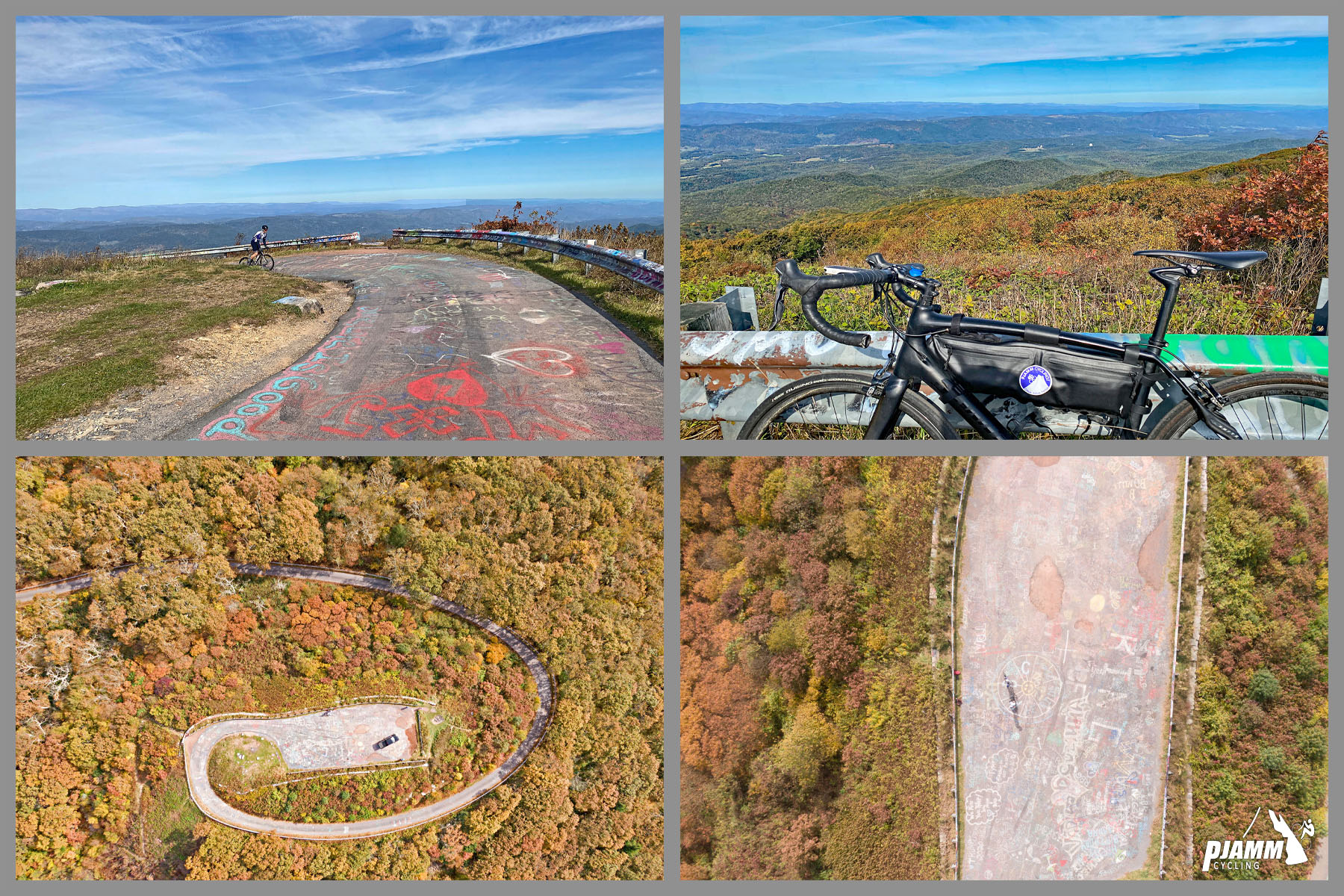 Cycling Reddish Knob, Virginia - climb finish at summit, parking area covered in graffiti, 360 degree views of fall foliage surrounding