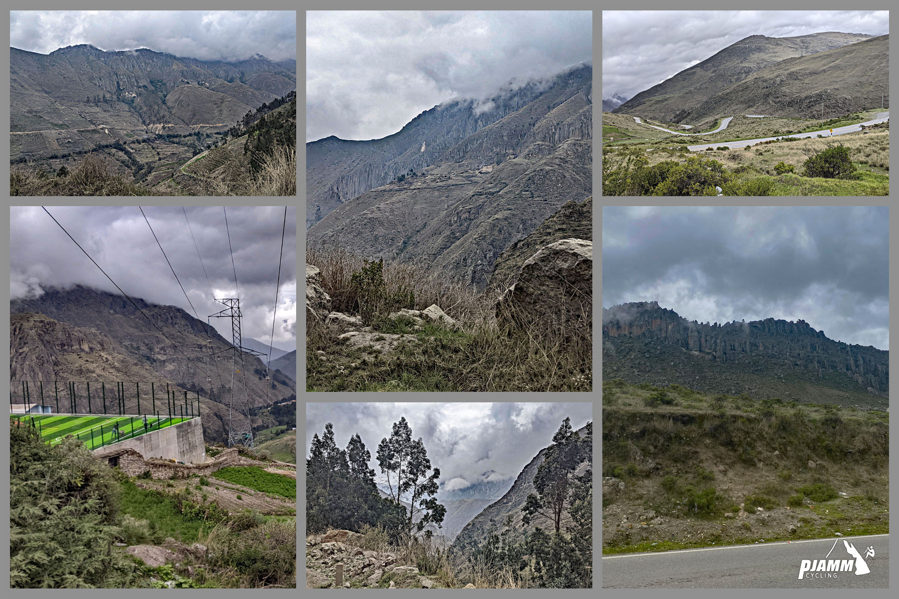 Cycling Conococha, Peru - photo collage shows views along the climb, sharp mountains and a lot of greenery