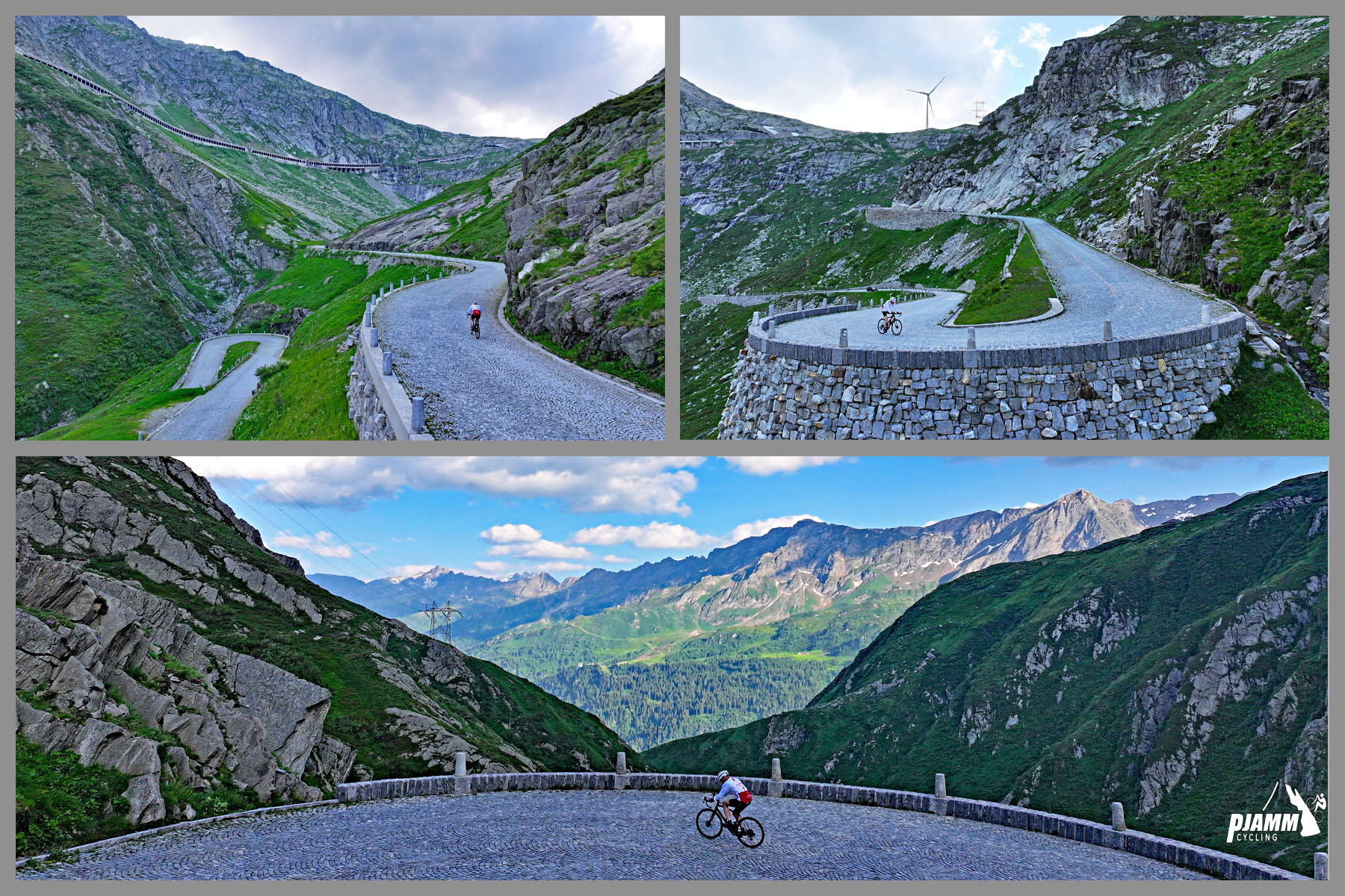 Cycling St. Gotthard Pass, Switzerland - photo collage shows PJAMM Cyclist riding on cobblestone roadway, traversing switchbacks