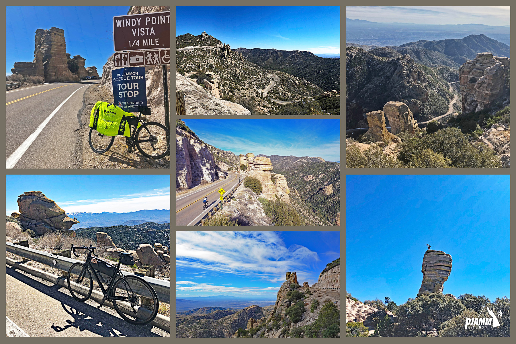 Cycling Mt. Lemmon, Arizona - photo collage, hoodoos along the climb, sign for Windy Point Vista, PJAMM Cycling logo in corner