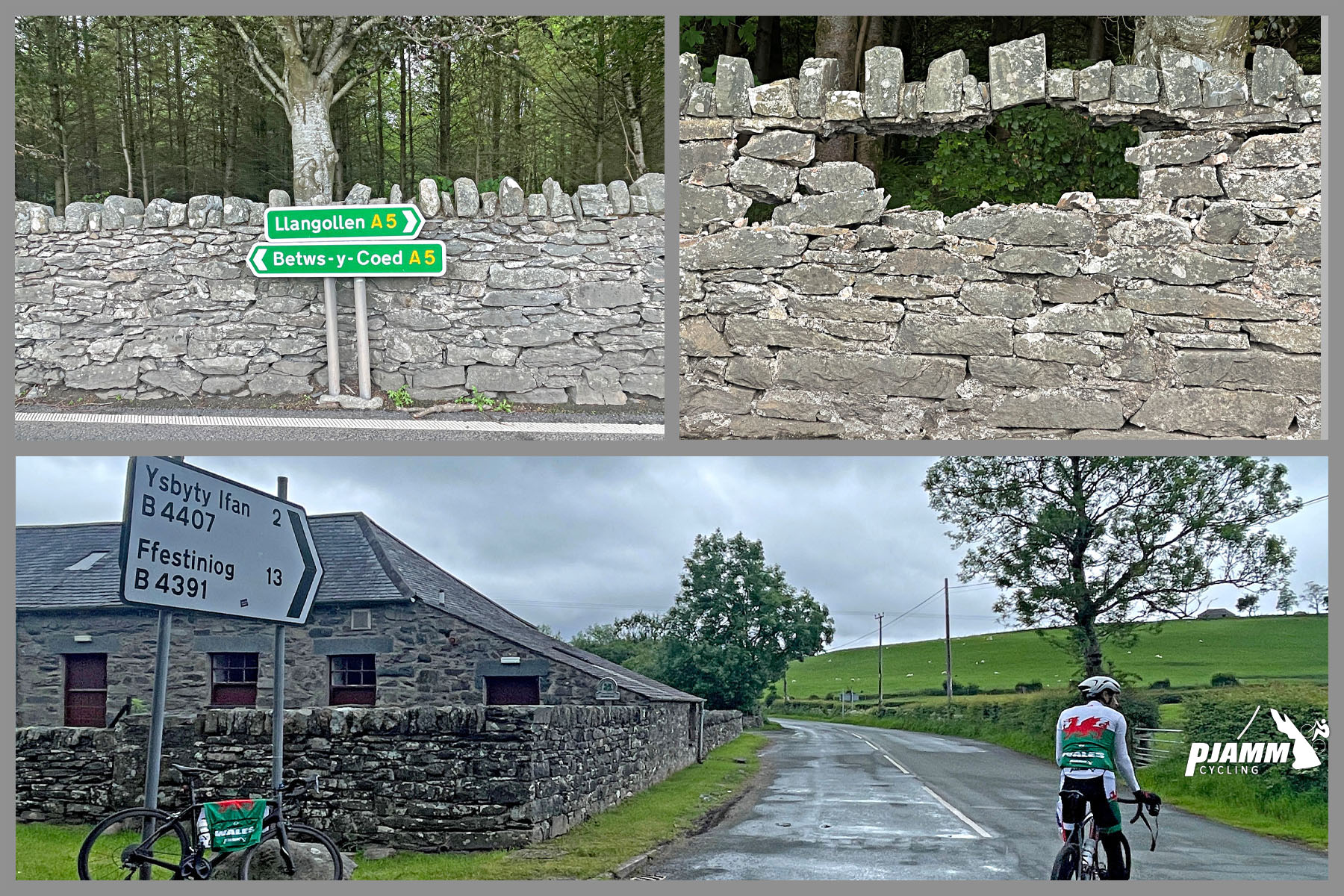 Cycling Migneint Pass, Wales photo collage, stone fence, sign for Ysbyty Ifan, Ffestinoig, PJAMM Cyclist stands with bike in center of intersection, green pastureland