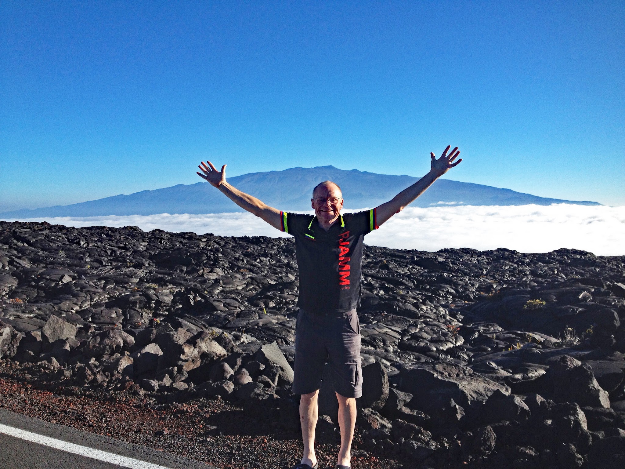 Bike climb Top 10 US Bike Climbs Mauna Loa - Mauna Kea behind cyclists - framed by hands