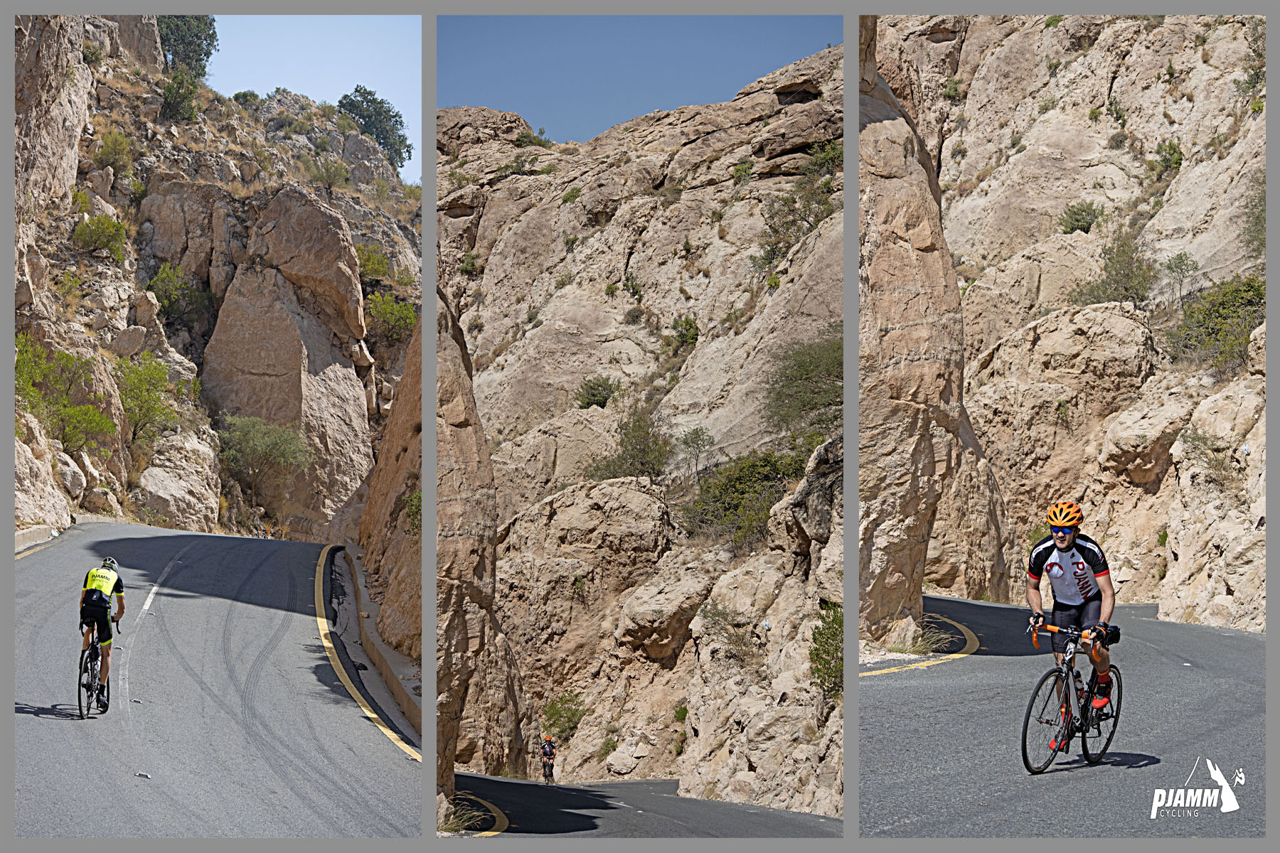 Cycling Parmah Pass, Saudi Arabia  - photo collage shows PJAMM Cyclists riding through rock canyon at mile 4.3