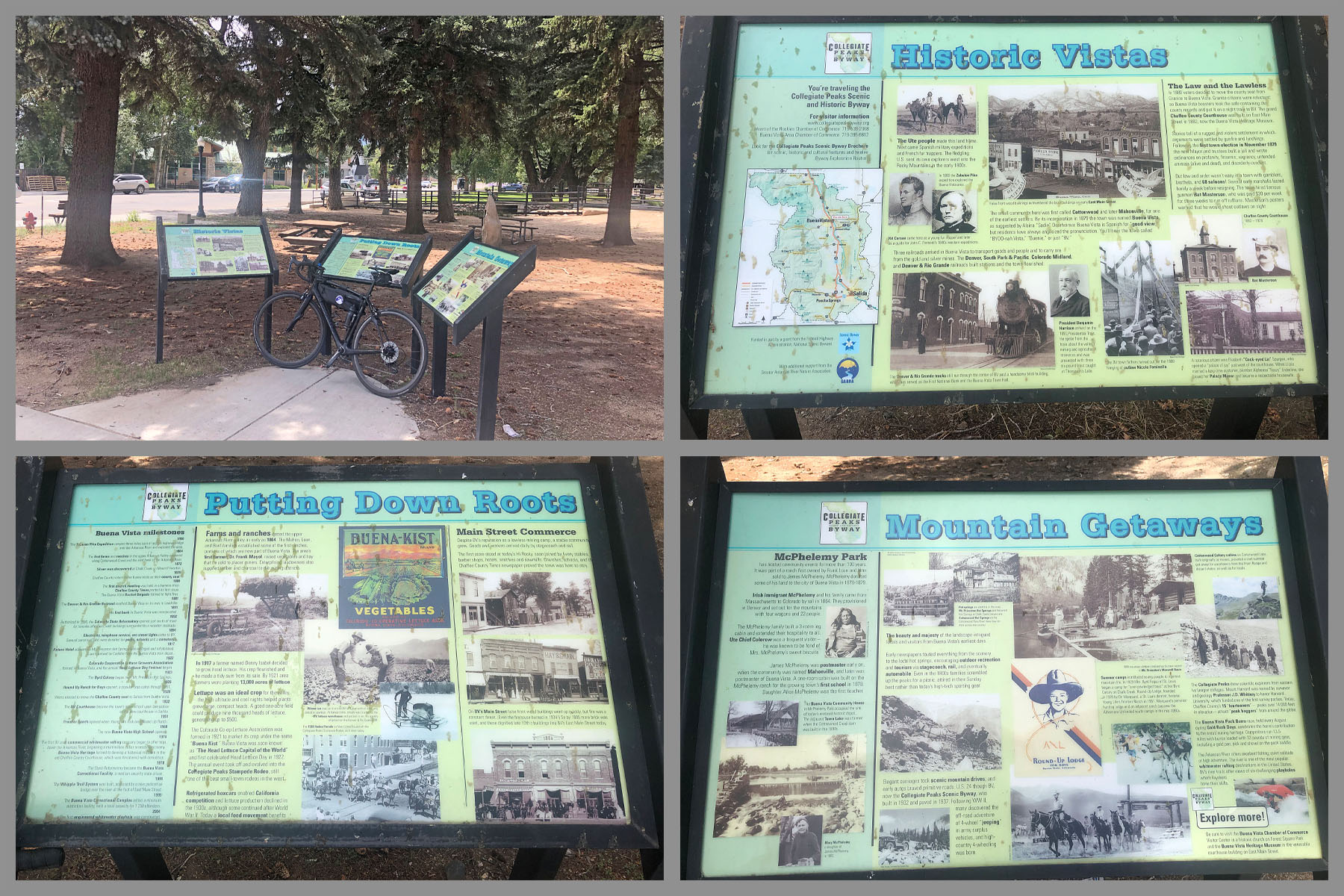 Cycling Cottonwood Pass, Colorado - informational signs about Historic Vistas, Mountain Getaways