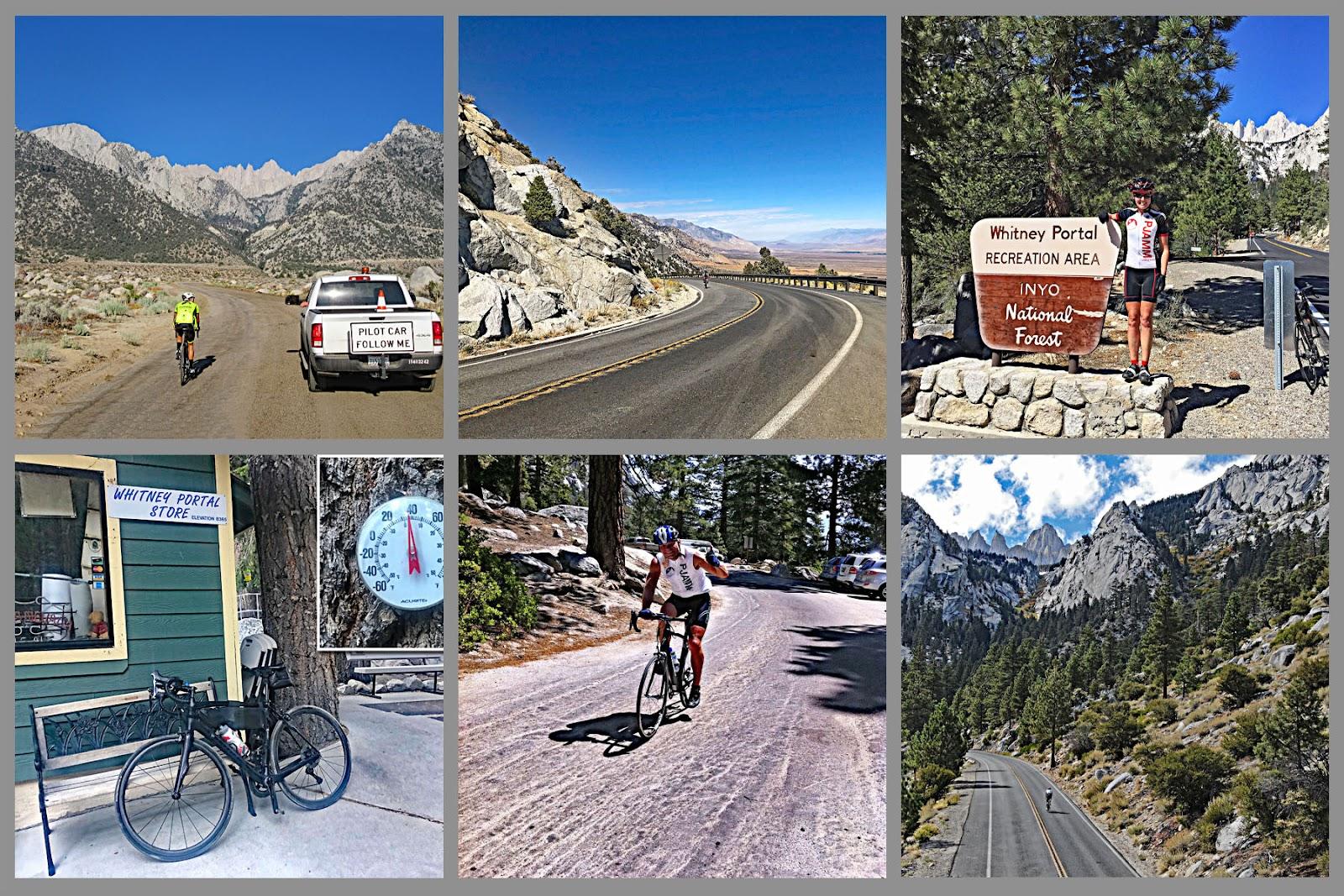 Cyclist on Whitney Portal Road with Mt. Whitney summit in background.
