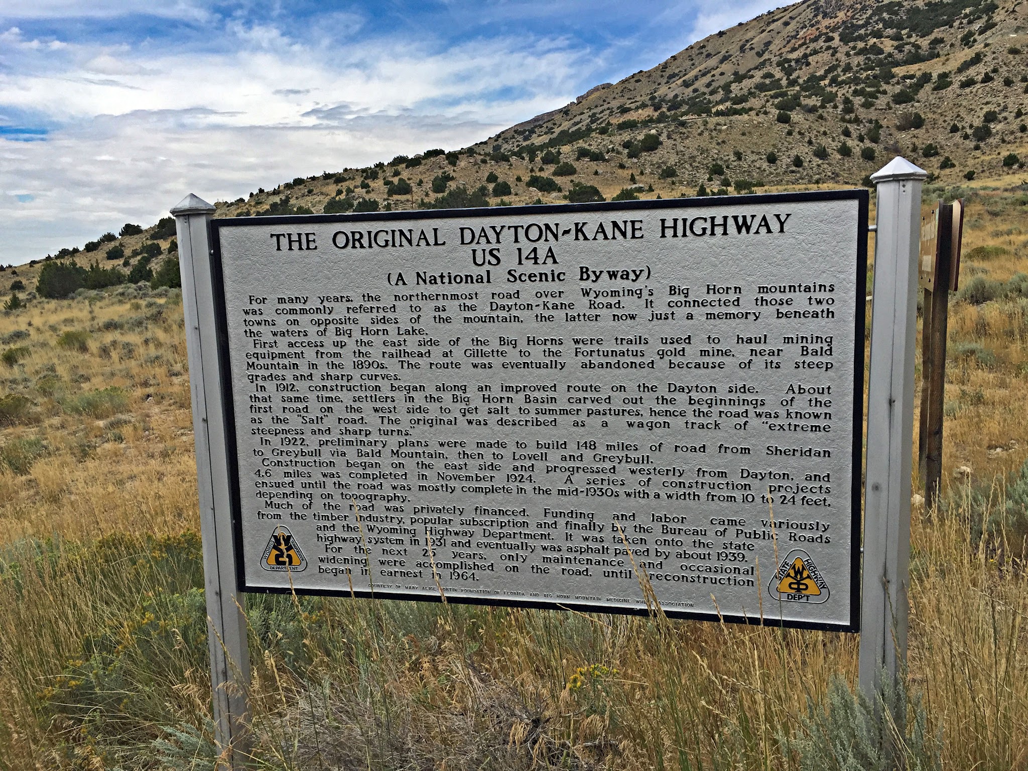 Wyoming's Top Bike Climbs - Cycling Alternate Route 14, Wyoming - informational sign for Original Dayton-Kane Highway, US 14A