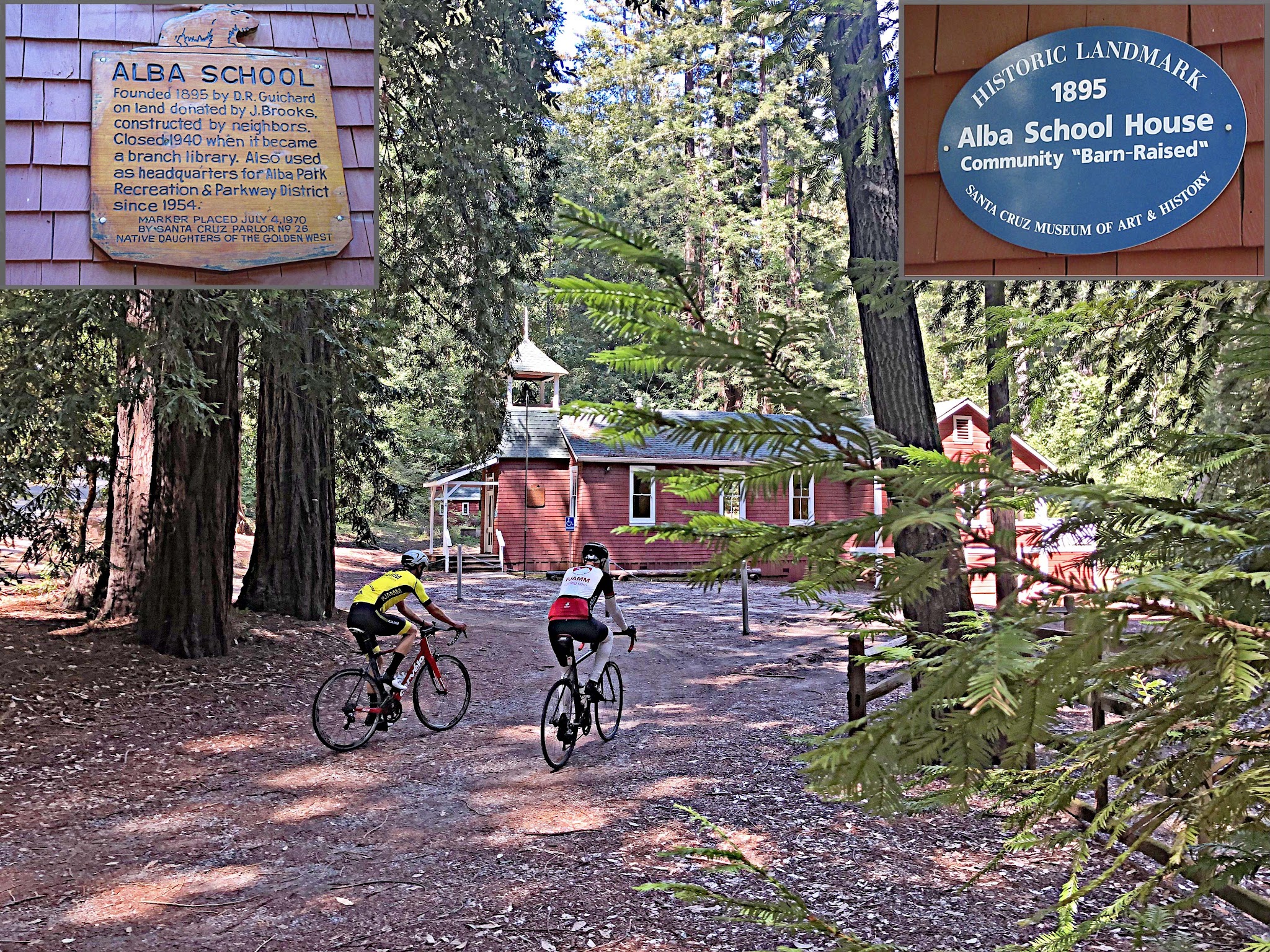 Alba School house; cyclists