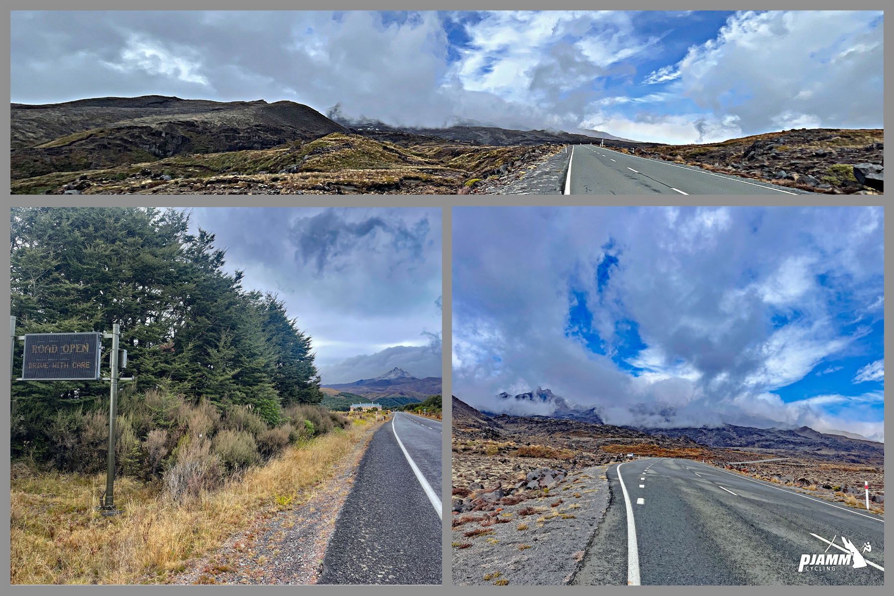 Climbing Ruapehu Ski Area, New Zealand photo collage shows straight portions of roadway throughout climb