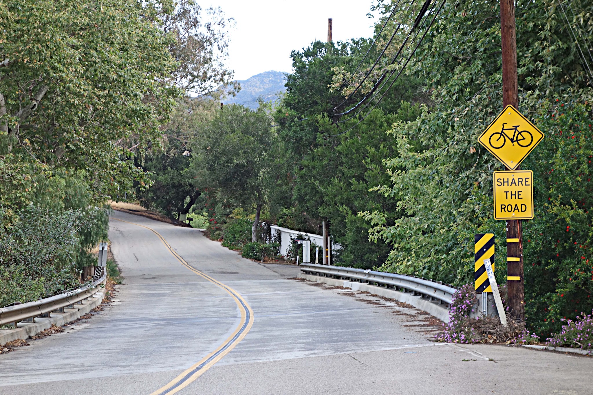 Road bike climb San Marcos-Painted Cave Roads - start of climb - road and sign