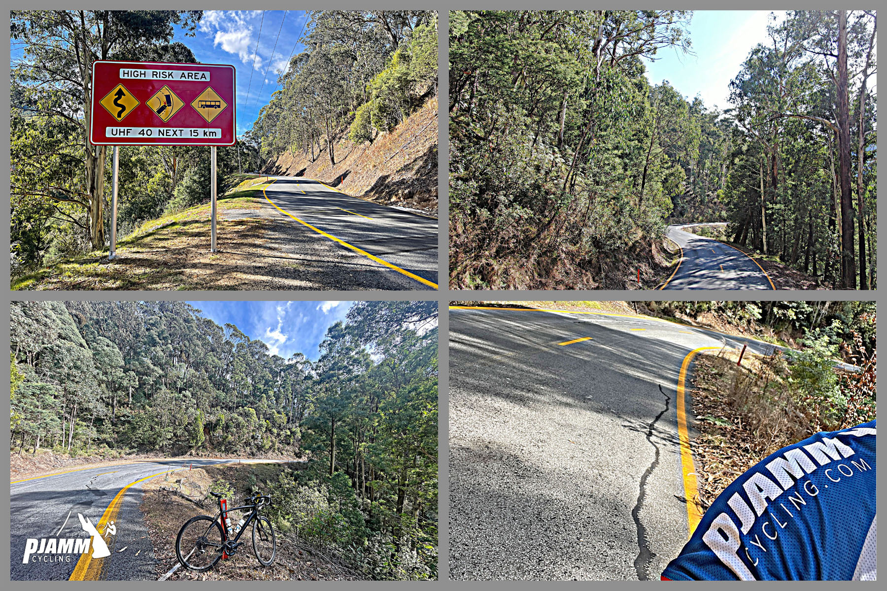 roadway along the climb; road sign warns of winding road