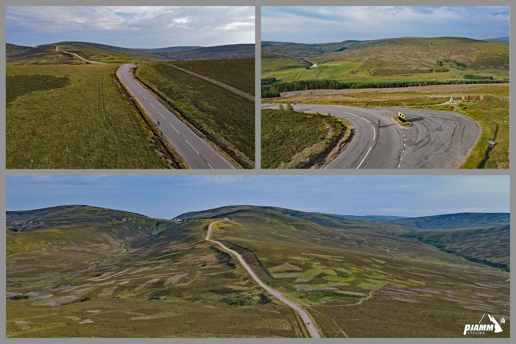 Cycling the Lecht, Scotland photo collage shows aerial drone view of two-lane roadway through green hillsides
