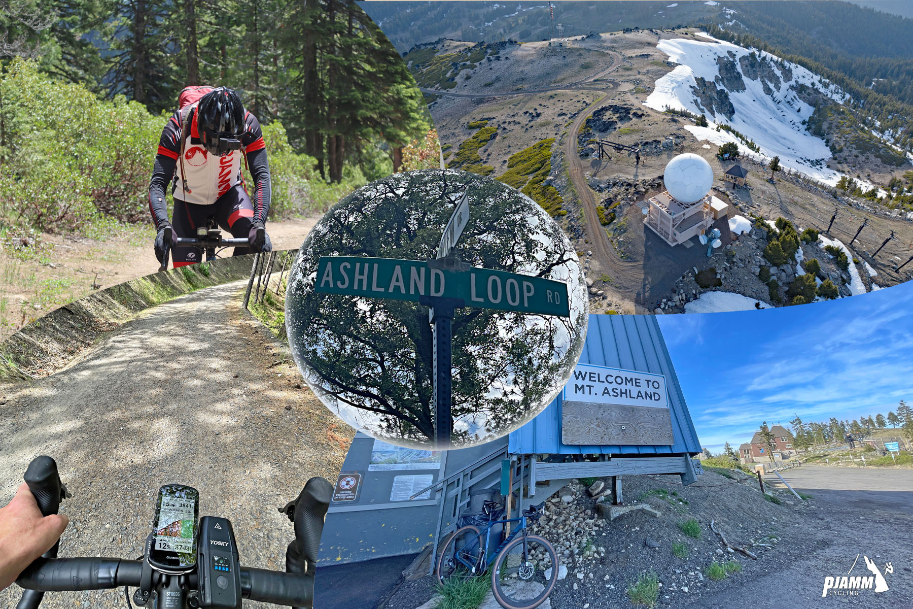 Cycling Mt. Ashland, Oregon via Loop Road: Photo collage shows PJAMM Cyclist riding gravel ascent up to summit of Mt. Ashland, bike parked next to sign reading "Welcome to Mt. Ashland," Aerial drone view of National Weather Service's dome at mountain summit, and road sign for Ashland Loop Road