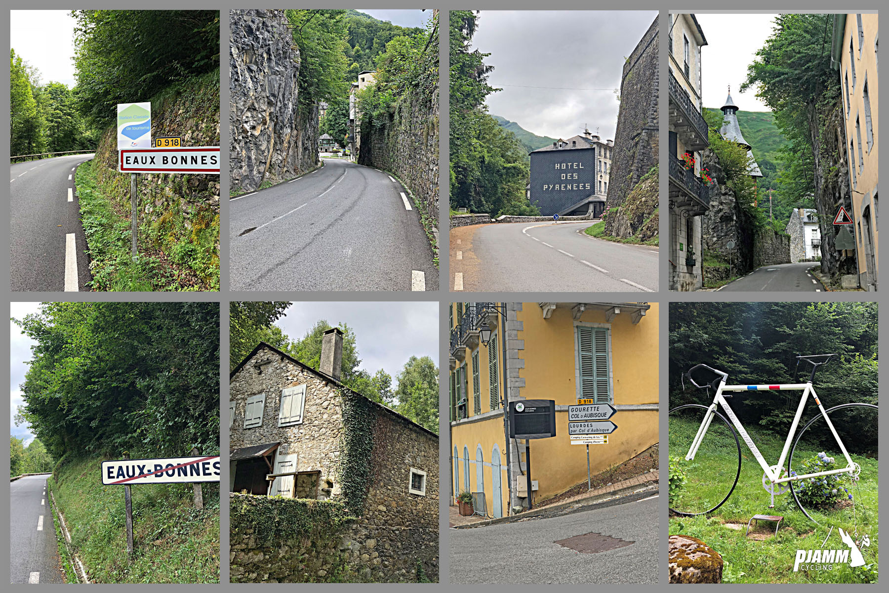 views along beginning of climb; photo collage; old stone building; lush green landscape around two-lane roadway; large statue of white bike; signs for Eaux Bonnes