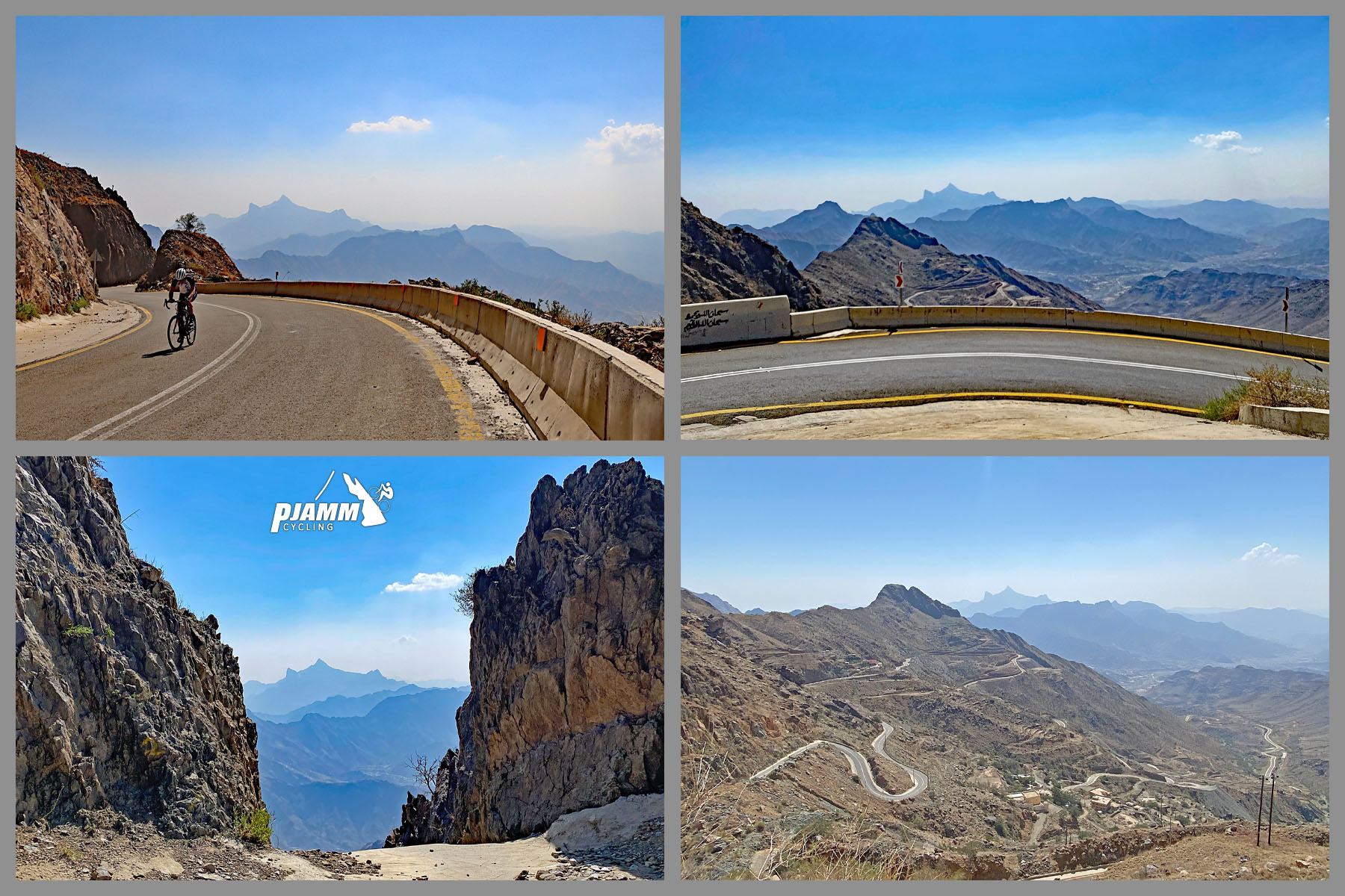 Cycling Bani Horairah - Three Peaks mountain formation can be seen from the top 1/3 of the climb, blue sky, steep Asir Mountain terrain, PJAMM Cyclist climbs on two-lane mountain roadway
