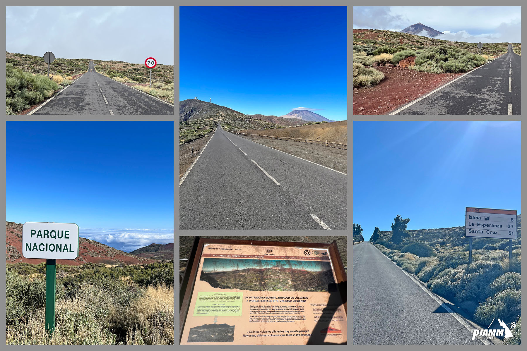 photo collage shows views from Teide Parque National, two-lane highway roadway, informational signs, desert-like setting
