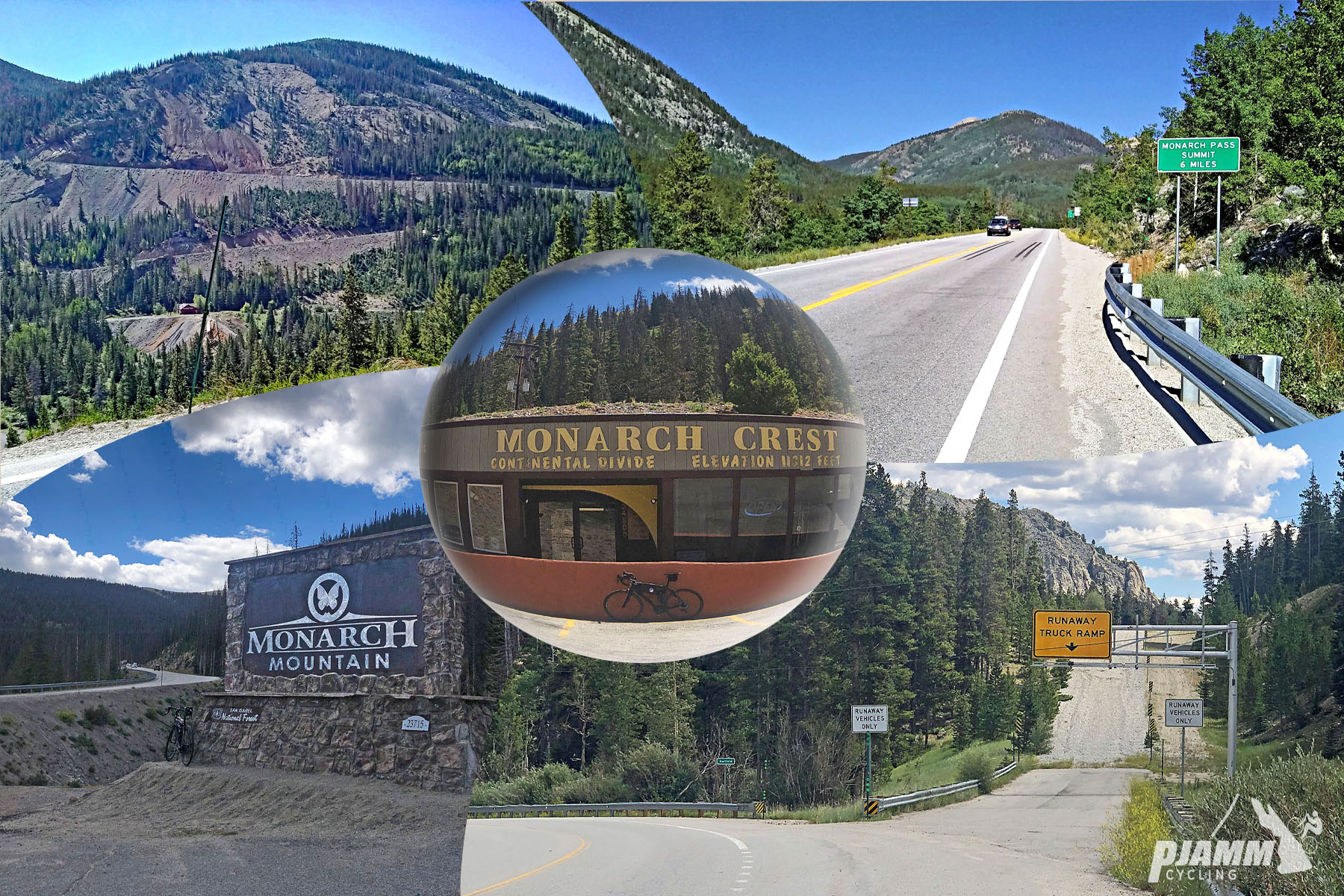 Cycling Monarch Pass East, Colorado - photo collage, PJAMM Cycling logo in corner, signs for Monarch Mountain and Monarch Crest, Continental Divide, runaway truck ramp along roadside, stretch of straight, two-lane roadway, views of moutainsides