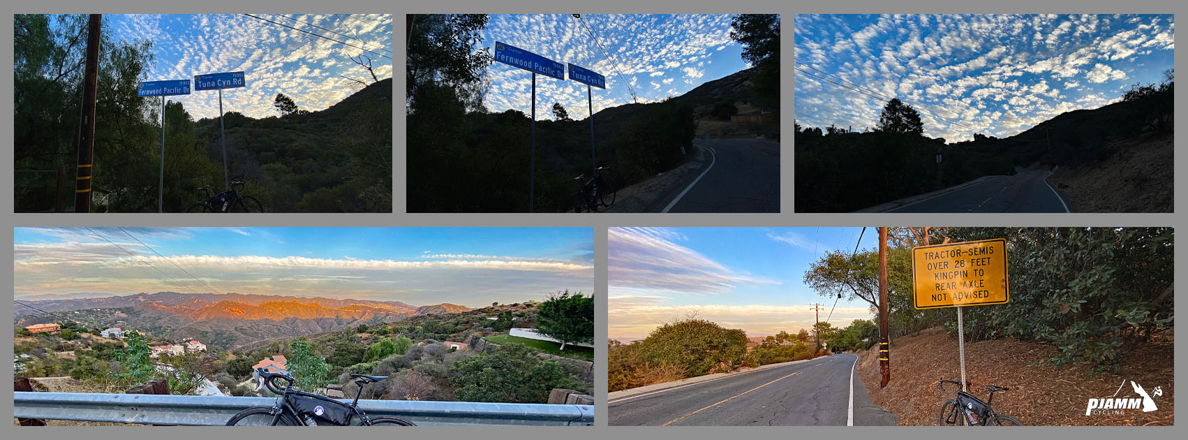 Cycling Topanga Canyon Boulevard to Stunt Road - photo collage, views on Fernwood and Tuna Canyon Roads, bright blue sky with bright white clouds, sunset on hillside