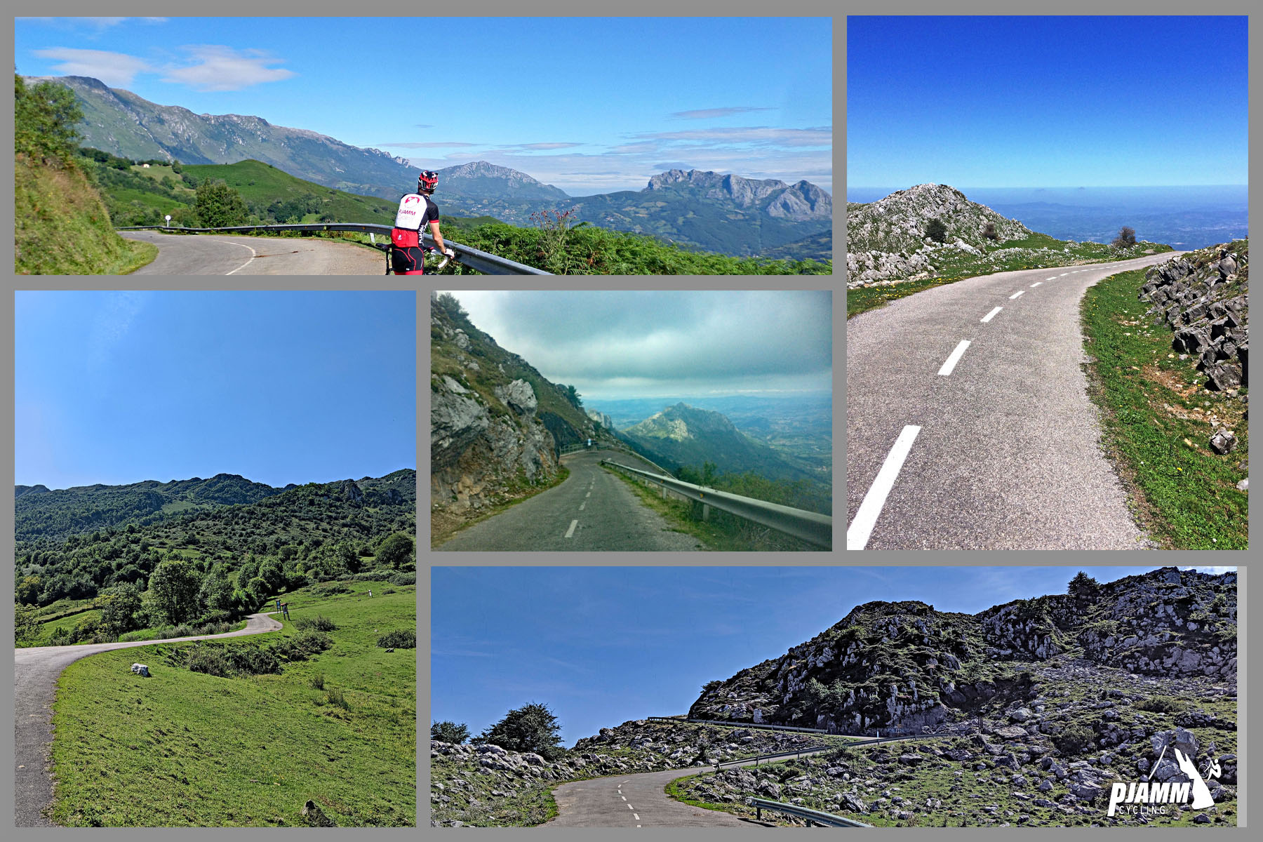 Cycling Alto de l'Angliru, Spain - photo collage, PJAMM Cyclist on bike on side of two-lane roadway looking over mountainside, green pastures, road traverses mountainside, toward top of climb are lots of rocks and boulders along roadsides, PJAMM Cycling logo in corner