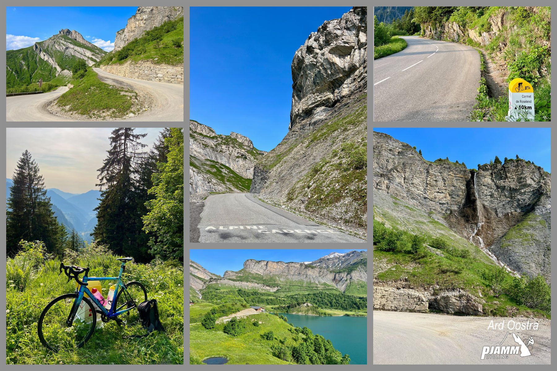 photo collage shows picturesque views along climb route, lush greenery along roadways, beautiful alpine vistas, and waterfalls cascading down huge rock faces on mountainsides; switchback along roadway