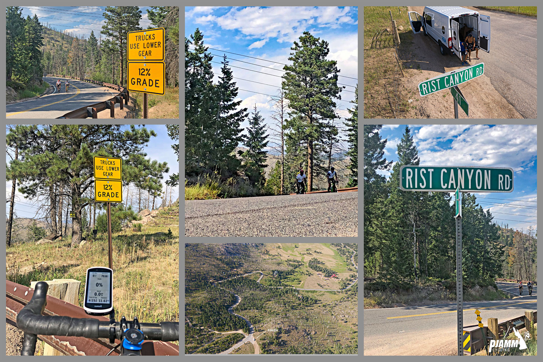 Cycling Rist Canyon East - photo collage, PJAMM Cycling logo in corner, signs for 12% grade, Rist Canyon, Garmin device 