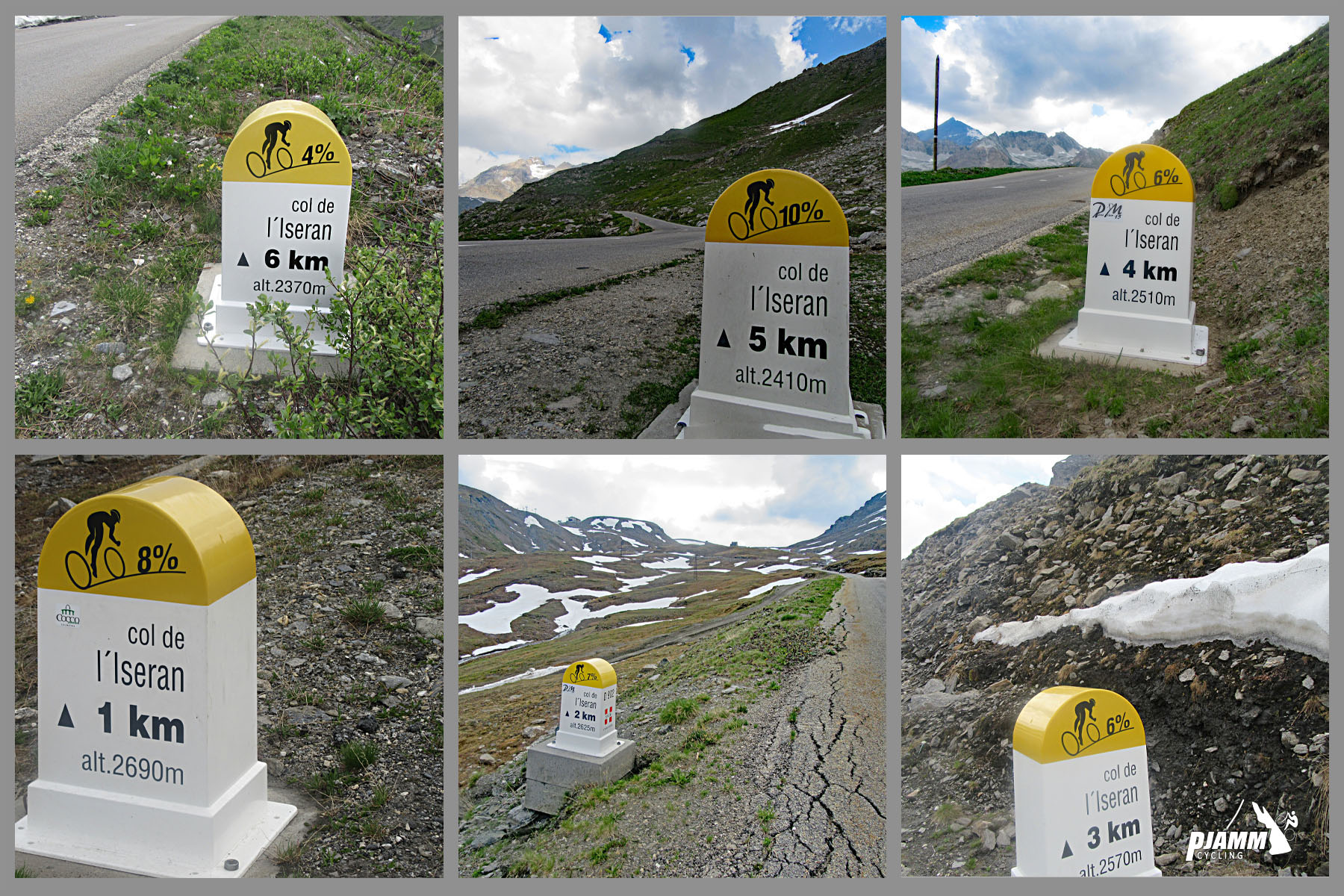 Cycling Col de L'Iseran: photo collage shows yellow and white km markers along route