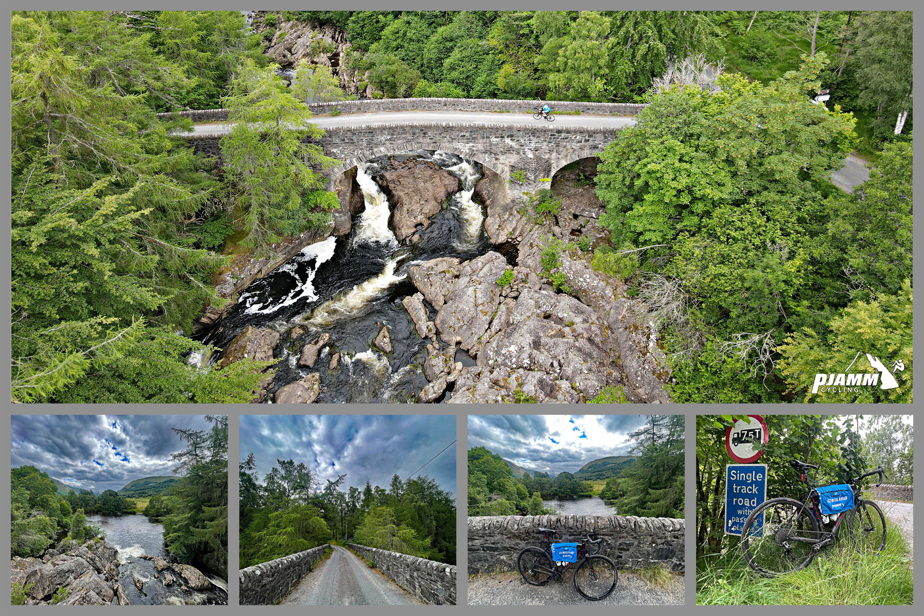 Cycling Ben Lawers, Scotland photo collage shows views of Bridge of Balgie, beautiful old stone bridge crossing rocky river below
