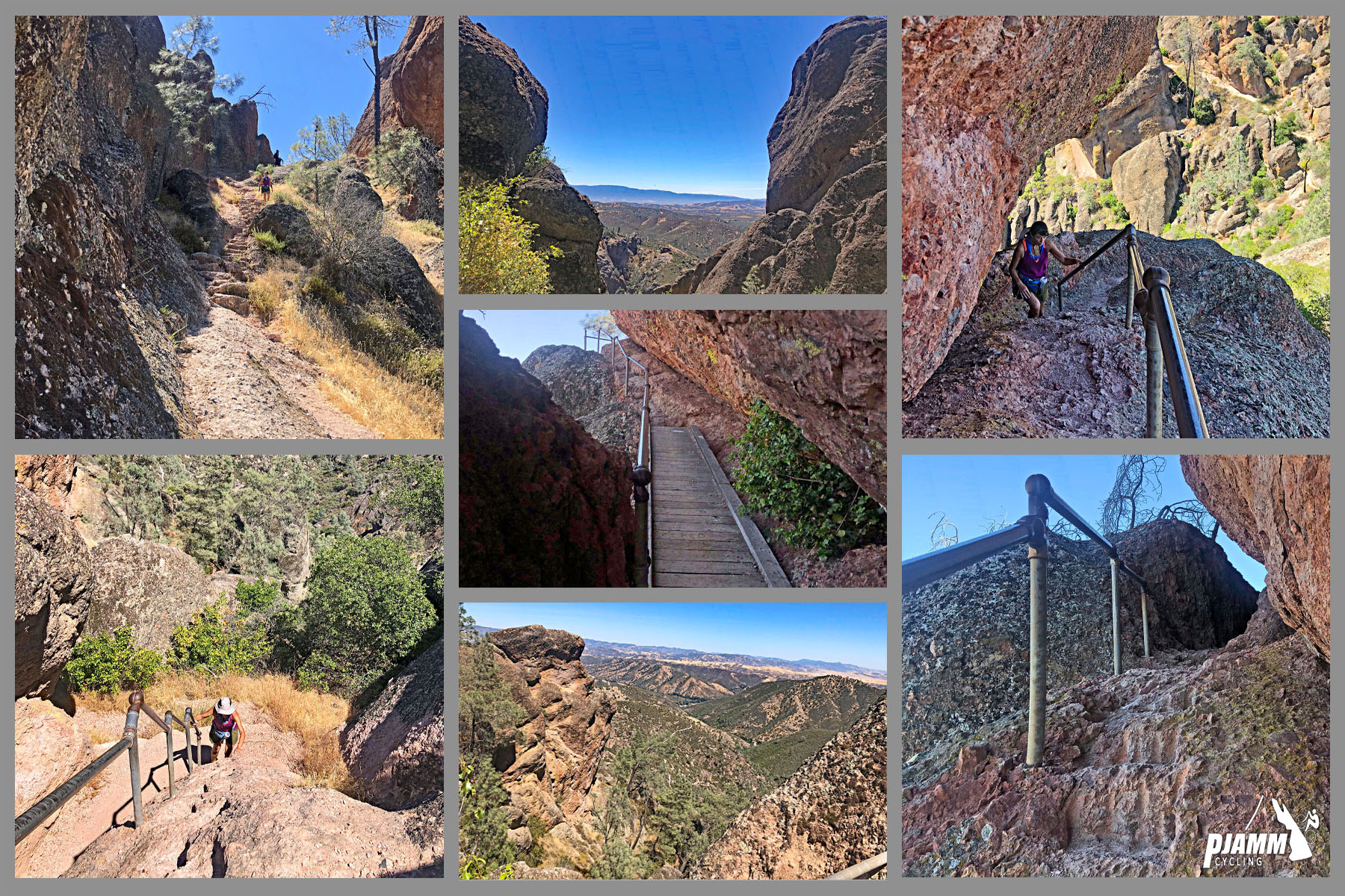 Cycling Pinnacles National Park, California - photo collage, PJAMM Cycling logo in corner, views along the hiking trail, hikers climbing along stone stairwell and through stone tunnels