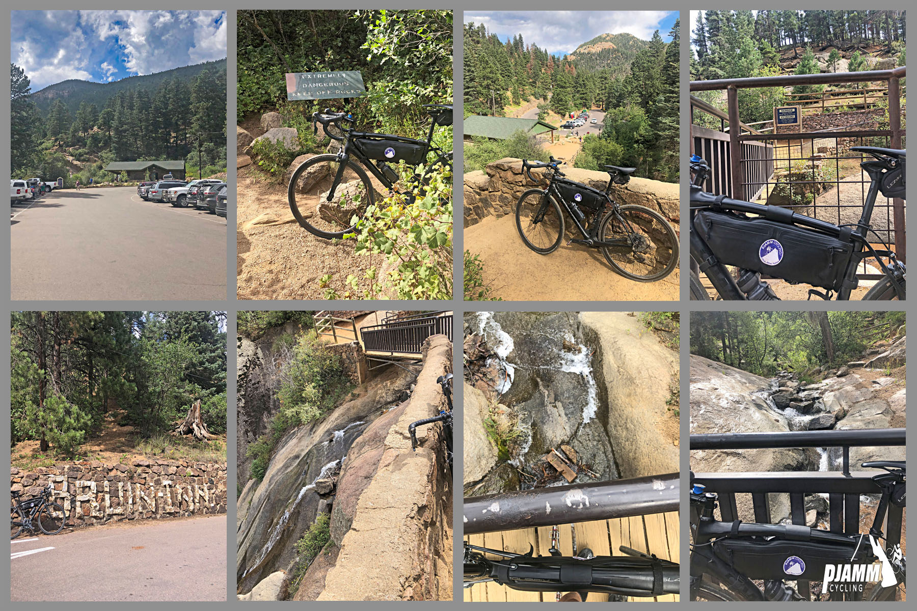 Cycling North Cheyenne Cañon, Colorado Springs - photo collage, PJAMM Cycling logo in corner, views at Helen Hunt Falls and Visitor Center, bike parked at various locations