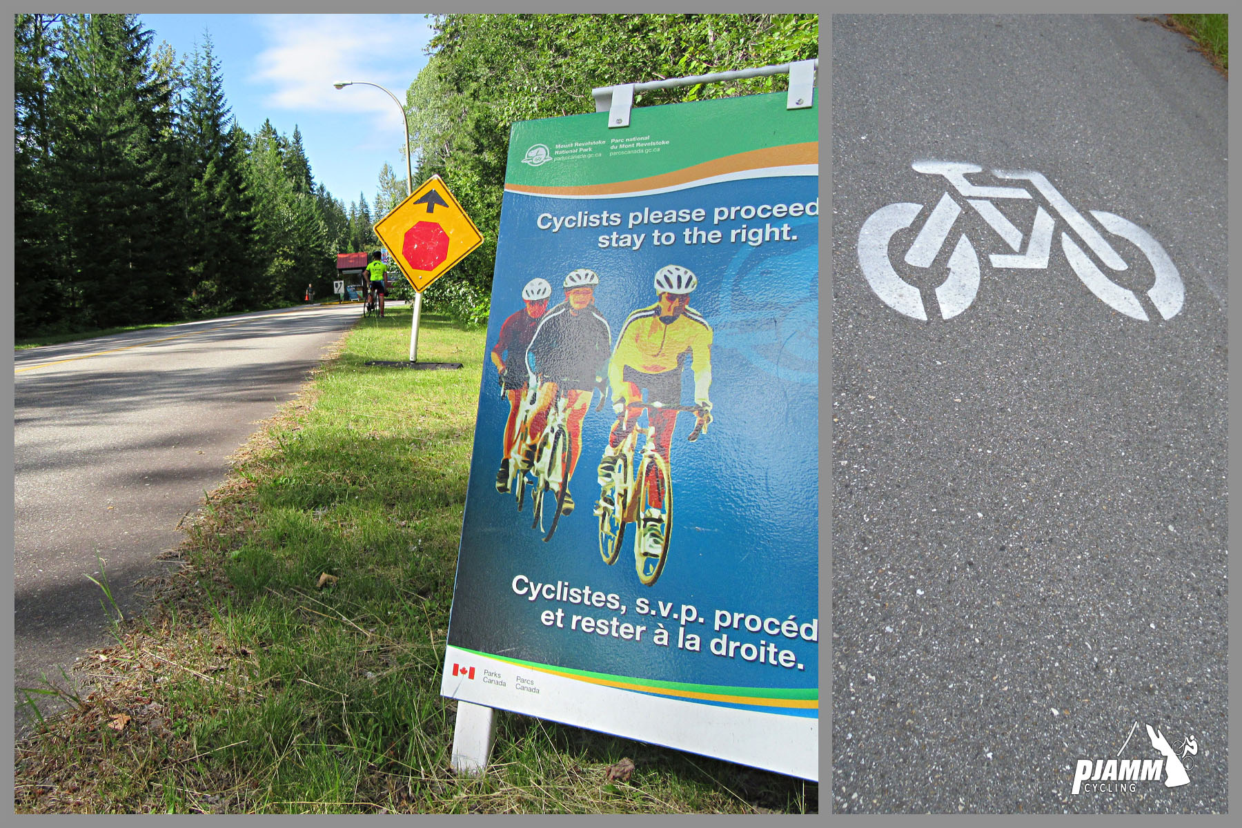 Cycling Mt. Revelstoke, BC, Canada - PJAMM Cycling logo in corner, sign reminding Cyclists to stay to the right, stencil of bike on the roadway