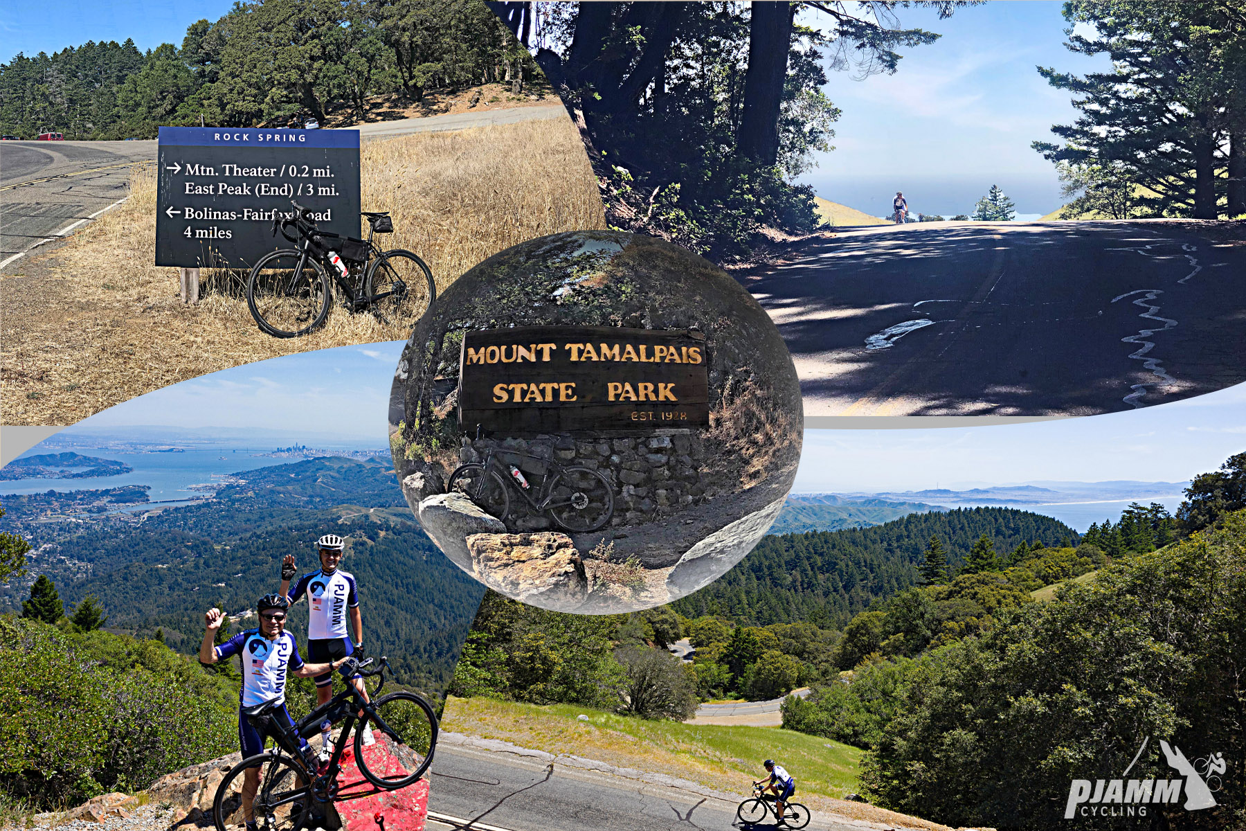 Cycling Mt. Tamalpais from Panoramic Highway South Cycling Mt. Tamalpais from Panoramic Highway South - photo collage, PJAMM Cycling logo in corner, signs for Mt. Tamalpais State Park and Rock Spring Mountain Theatre, two cyclists standing with bikes on cliffside overlooking ocean waving at camera, aerial view of cyclist on roadside climbing along road