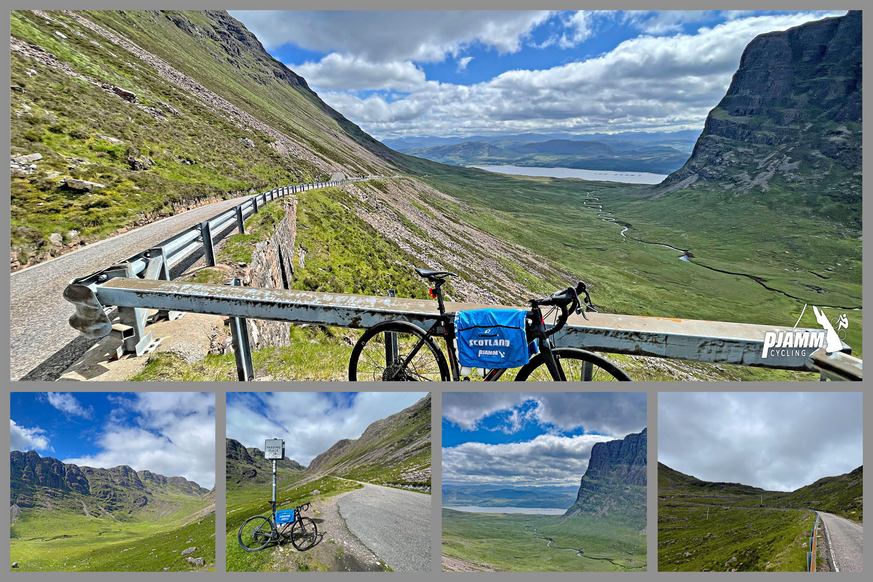 bike parked against guardrail overlooking green valley