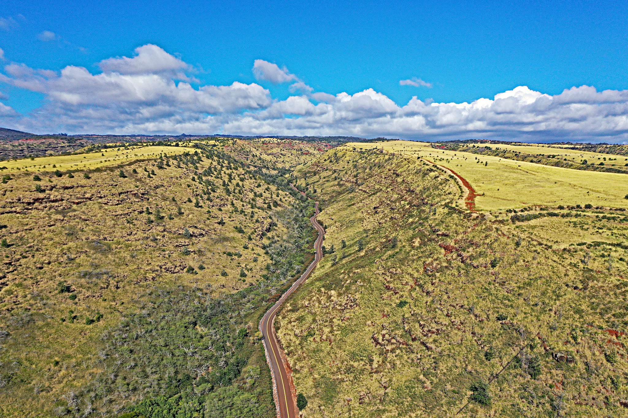 aerial drone view of road cutting through canyon, surrounded by bright green landscape