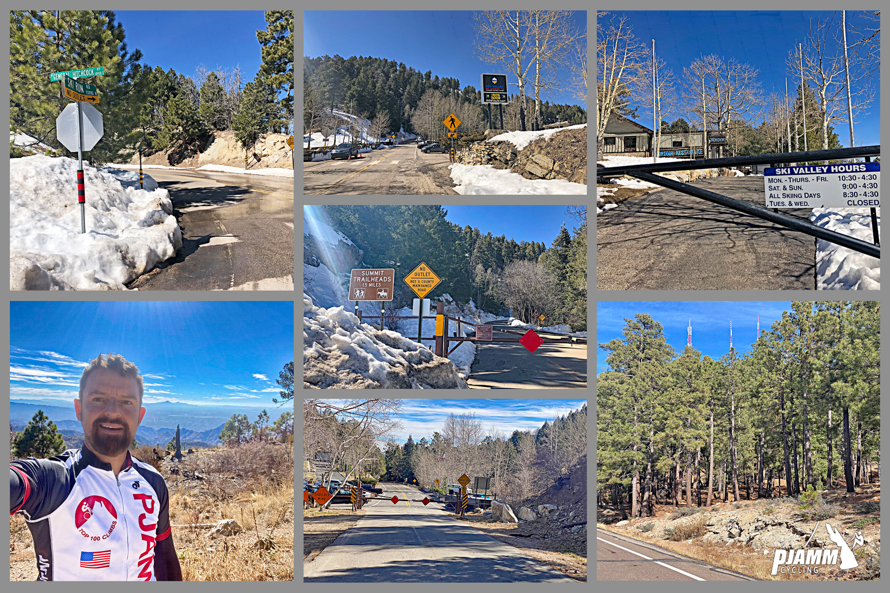 Cycling Mt. Lemmon, Arizona - photo collage, snow packs line roadways, PJAMM Cyclist selfie with desert landscape behind him, evergreen trees, road closed, PJAMM Cycling logo in corner