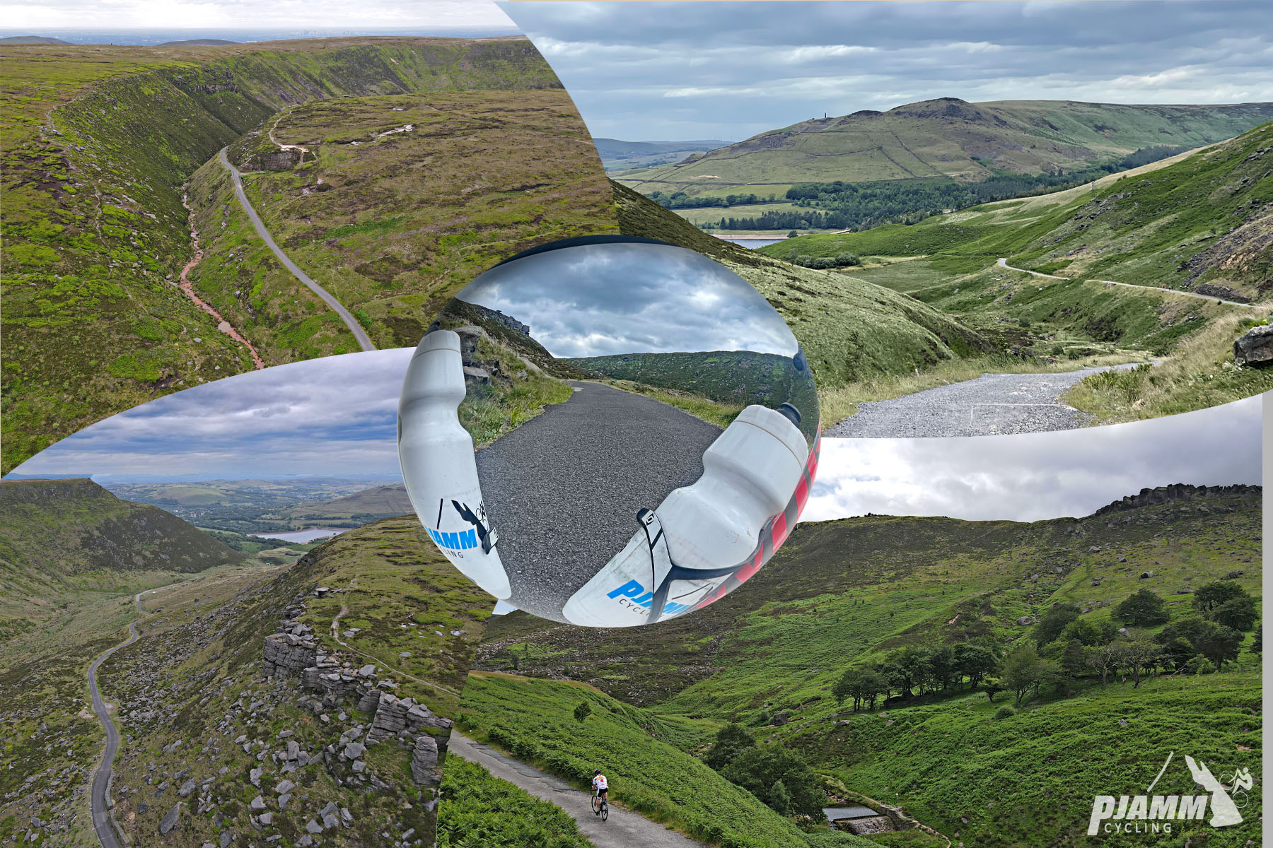 photo collage shows aerial view of roadway stretching through green hills