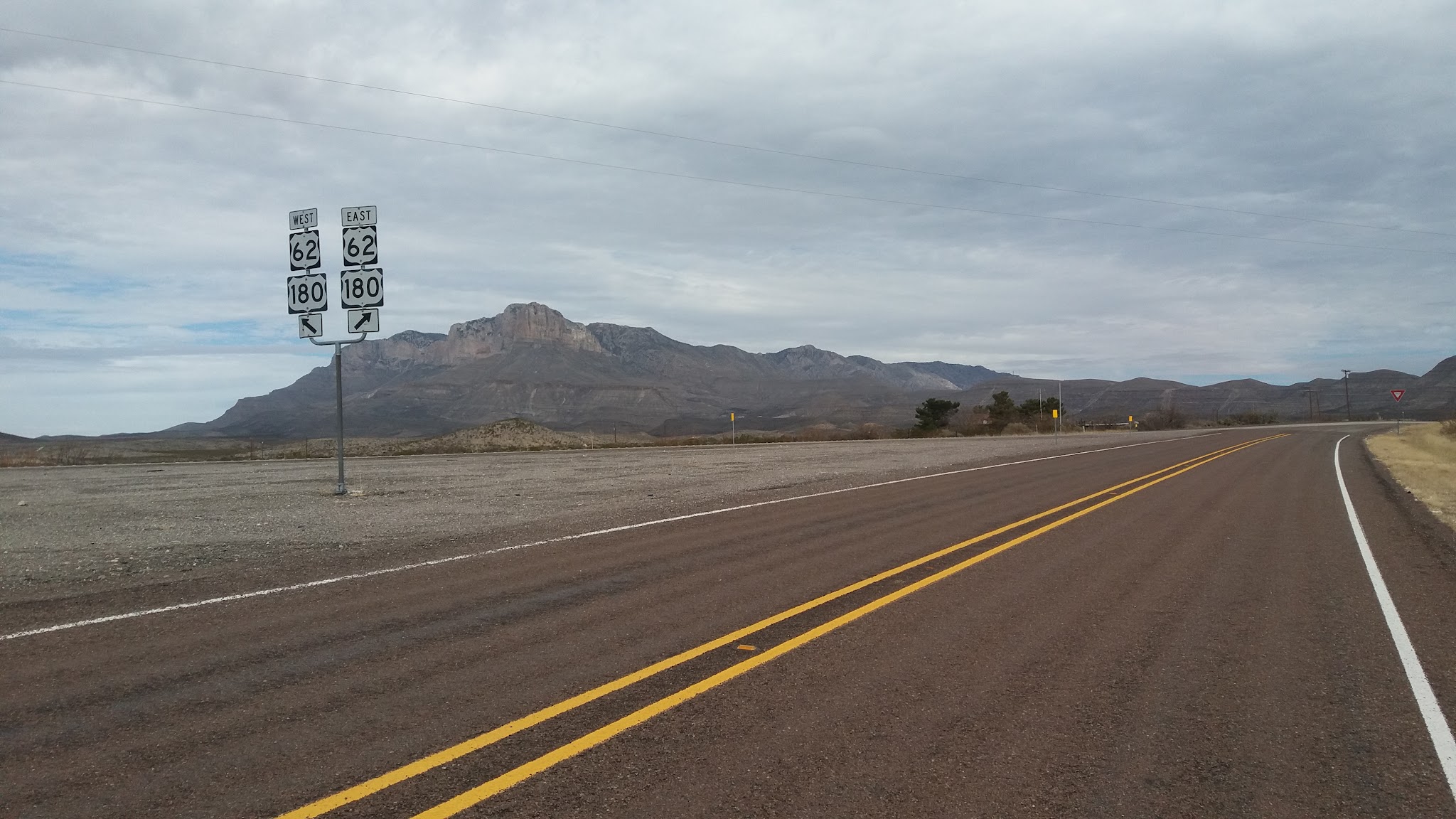 Bike climb Guadalupe Mountains National Park, roadway sign, hwy 62 and 180