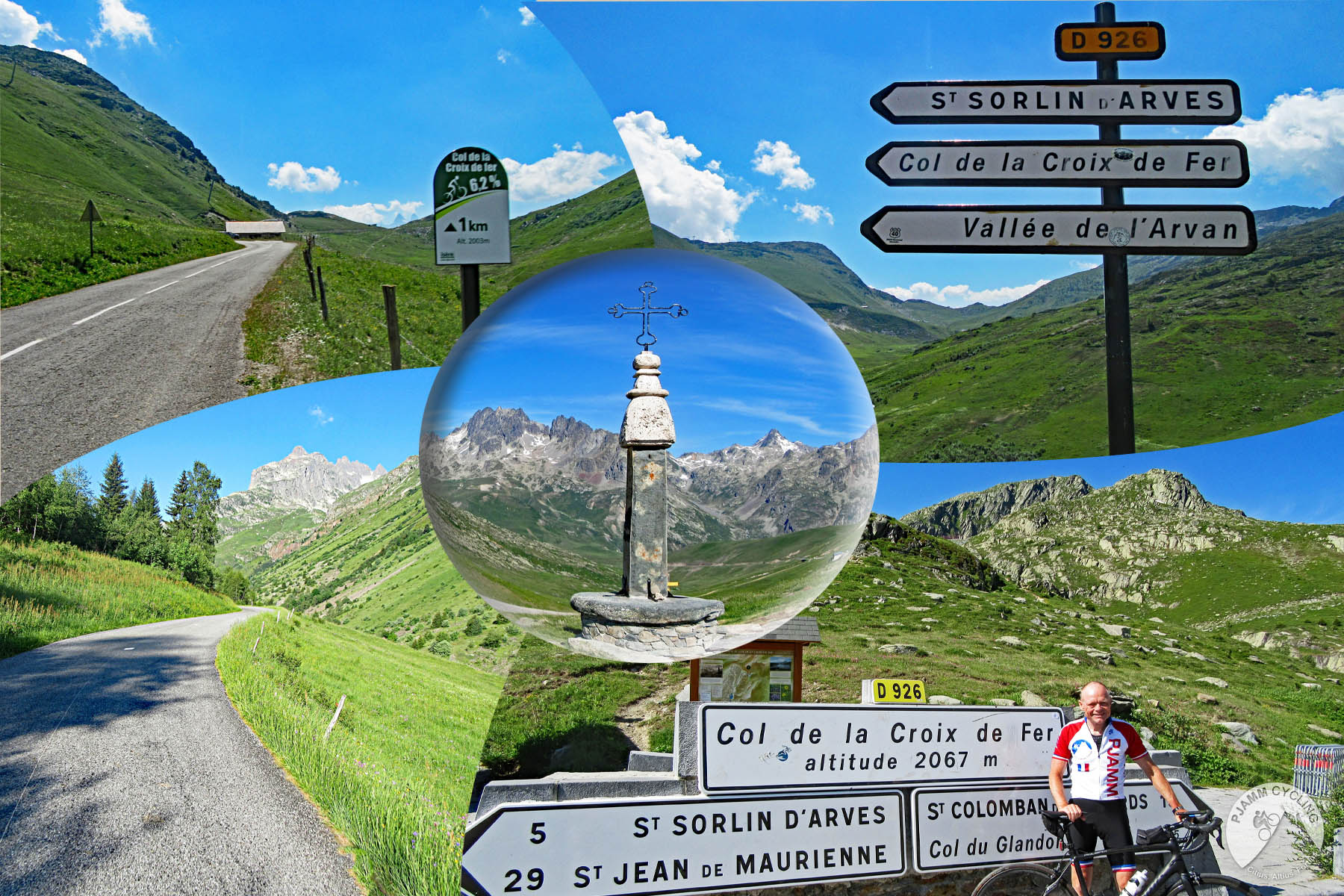 photo collage shows cross at climb summit, one and two-lane mountain roadway surrounded by lush green pastureland, PJAMM Cyclist John Johnson stands with bike in front of white roadsigns for Col de la Croix de Fer
