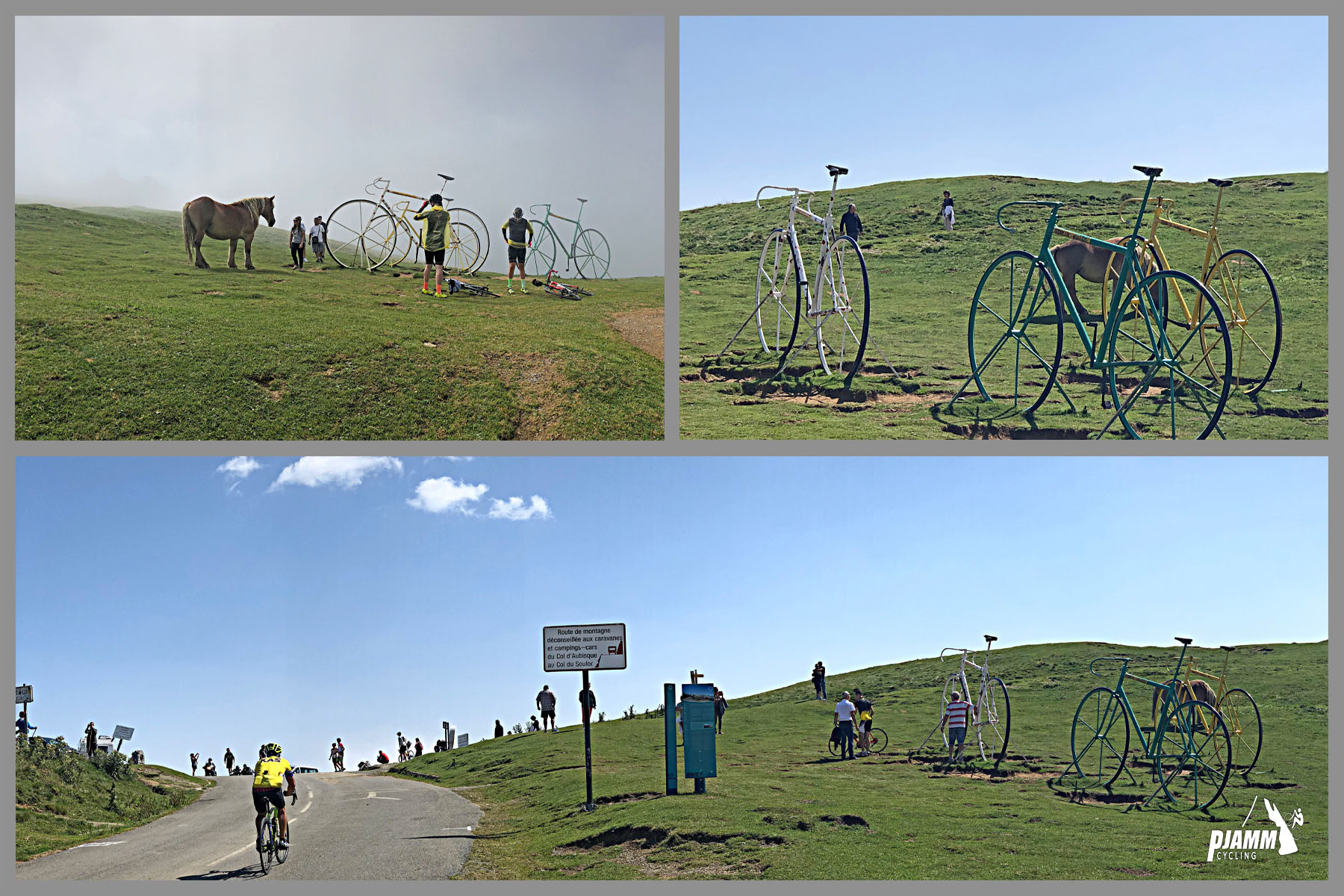 photo collage of three giant bicycle statues at the top of the climb; people and a large horse pose for photos next to bikes