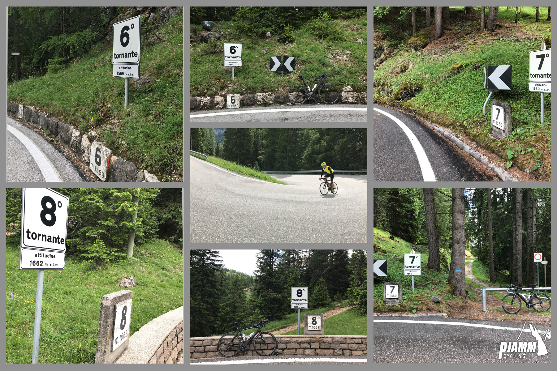 Cycling Passo Pordoi from Canazei - road signs mark the turns on the climb