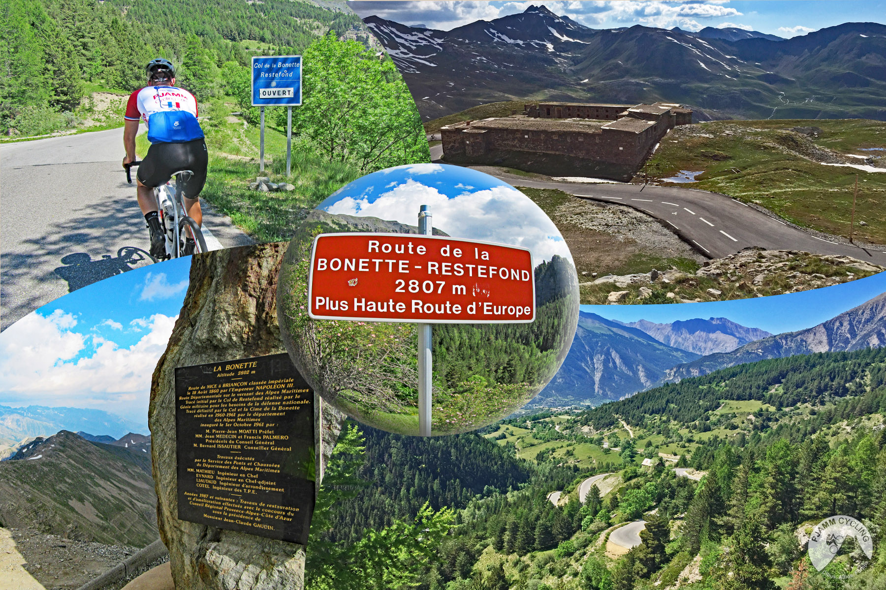 Cycling Cime Bonette from Jausiers, France - photo collage, road sign for Route de la Bonette - Restefond, Plus Haute Route d'Europe, PJAMM CYclist riding bike on roadway, view looking down mountainside, PJAMM Cycling logo in corner