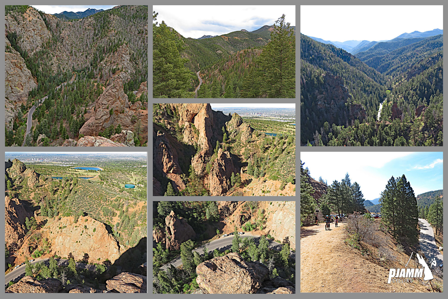 Cycling North Cheyenne Cañon, Colorado Springs - photo collage, PJAMM Cycling logo in corner, views looking down on North Cheyenne Cañon, rock formations, evergreen trees, canyon