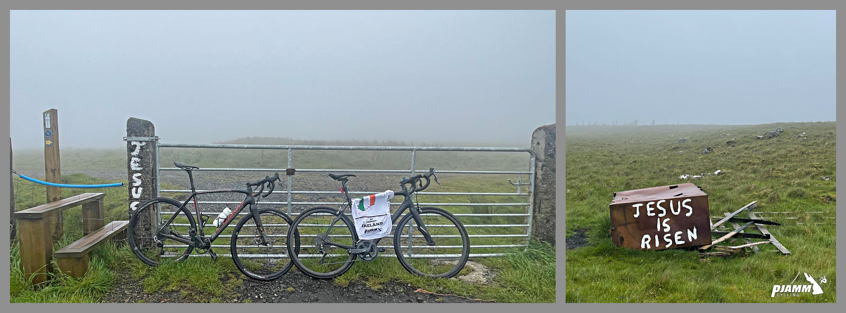 bikes parked against gate at climb's end, Dungiven Viewpoint; writing on metal box near gate reads "Jesus is Risen"